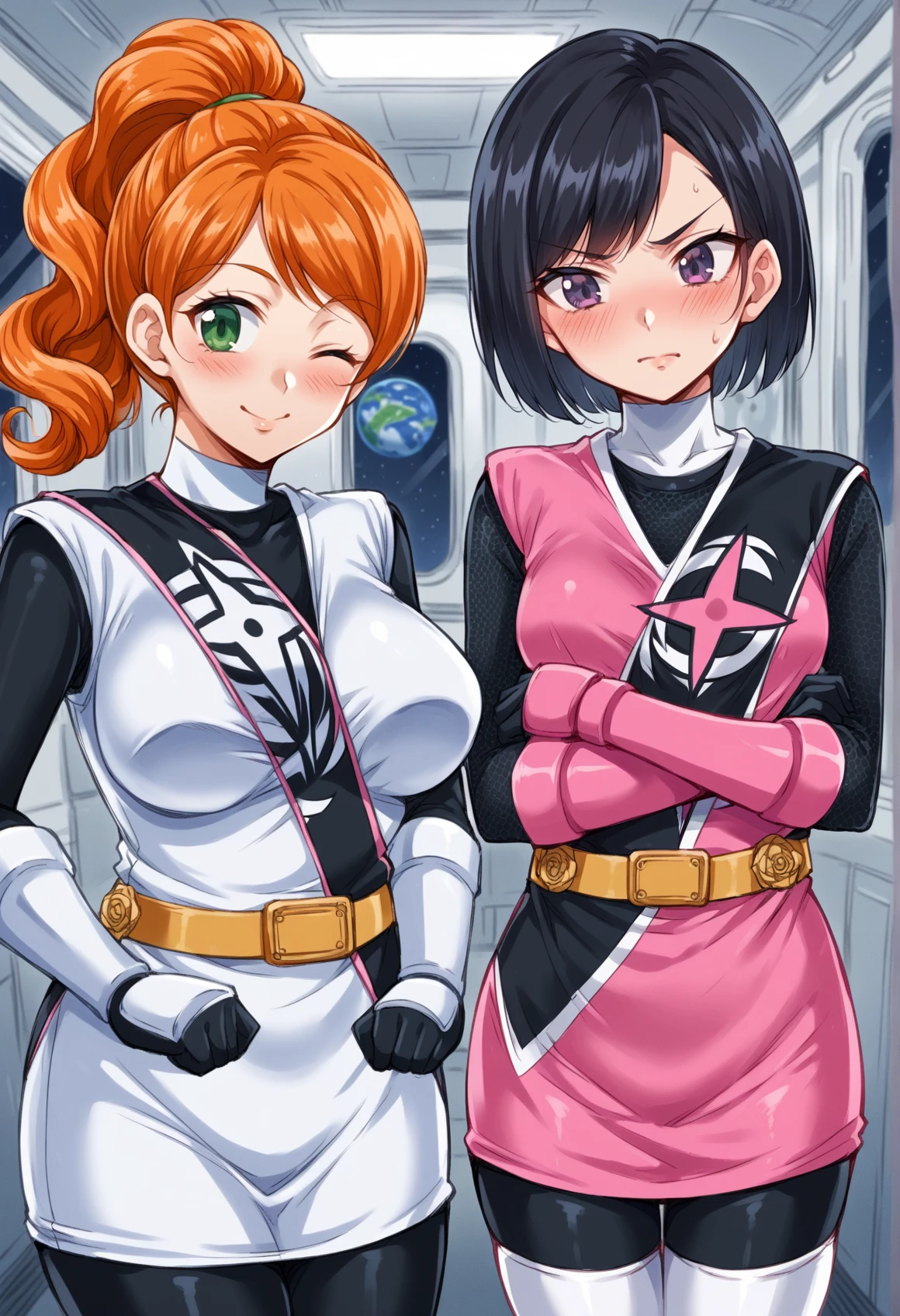 2girls, spacecraft interior, 1girl, black bodysuit, bodysuit under clothes, short dress, white dress, belt, sleeveless, fishnets, fishet armwear, gauntlets, white gauntlets, black gloves, thigh boots, big breasts, orange hair, green eyes, curly hair, ponytail, smile, wink, v, blush
BREAK
2girls, spacecraft interior, 1girl, black bodysuit, bodysuit under clothes, short dress, pink dress, belt, sleeveless, fishnets, fishet armwear, gauntlets, pink gauntlets, black gloves, thigh boots, short hair, black hair, purple eyes, small breasts, tsundere, blush, crossed arms   <lora:shuriken_sentai_xl:1>, score_9, score_8_up, score_7_up, score_6_up, score_5_up, score_4_up, BREAK source_anime, masterpiece