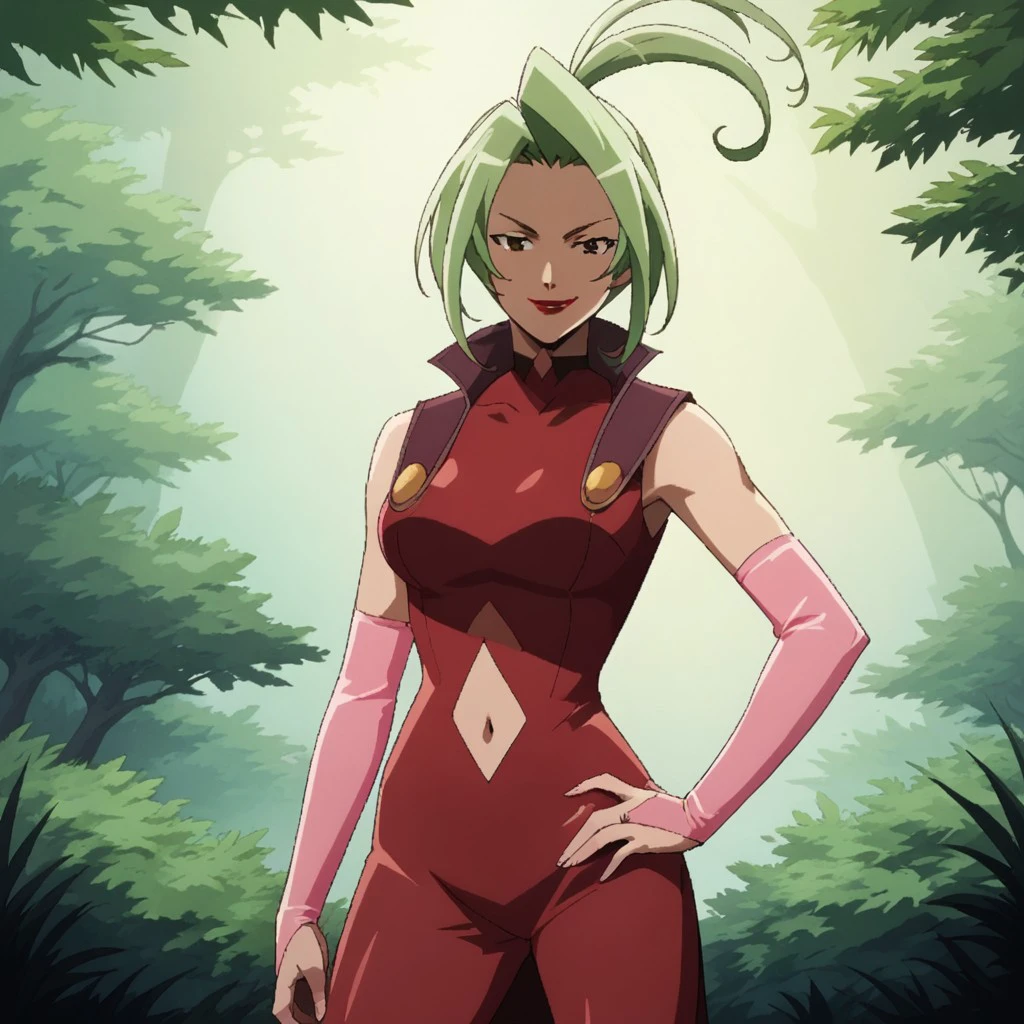 score_9, score_8_up, score_7, BREAK, solo, ursula_dk, green hair, long hair, arching ponytail, elbow gloves, lipstick, navel cutout,, forest, seductive, smirk, natural lighting