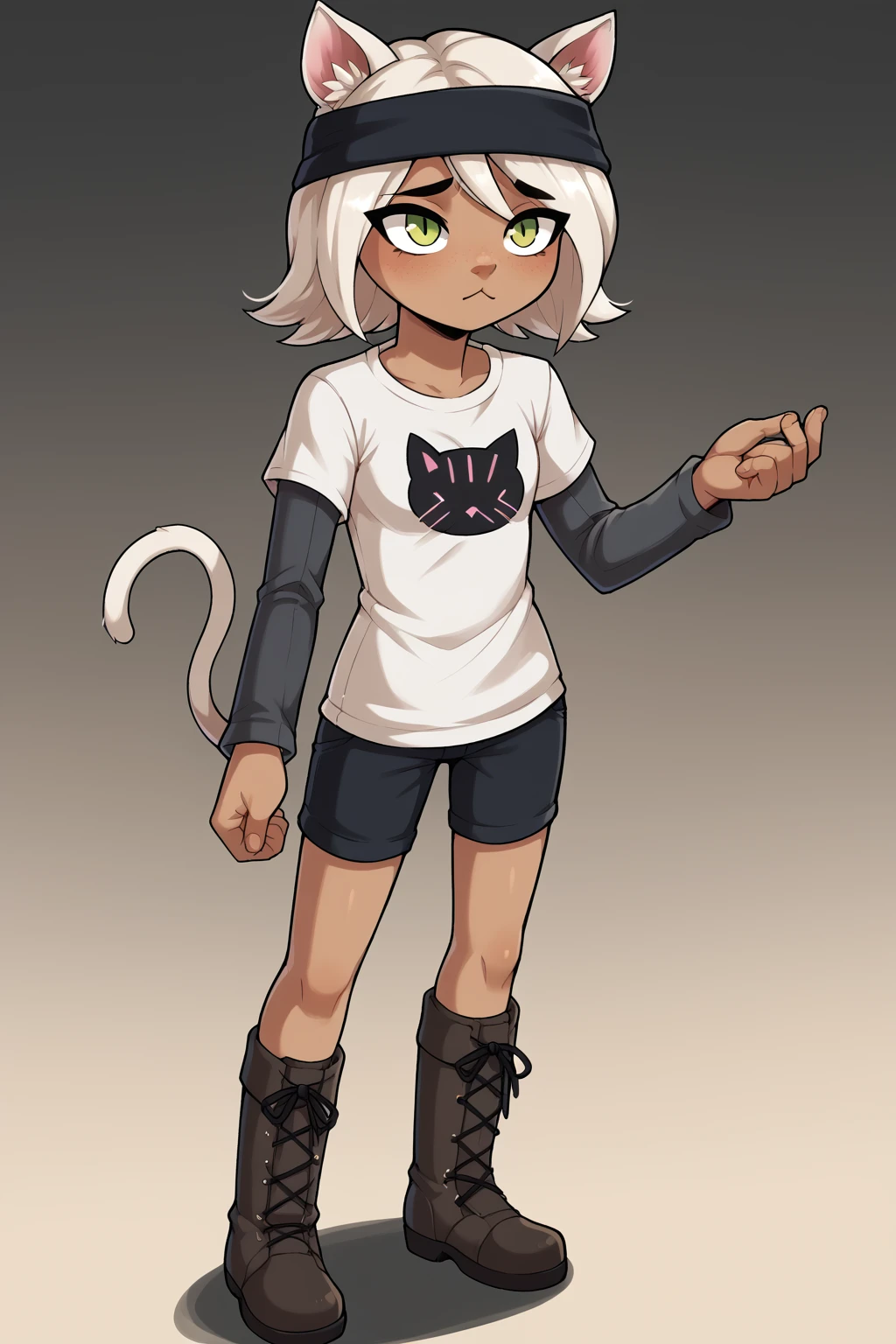 2D, score_9, score_8_up, score_7_up, BREAK, 1girl, solo, Whisk, white hair, cat ears, tail, green eyes, white shirt, grey sleeves, shorts, boots<lora:EMS-448861-EMS:1.000000>, <lora:EMS-441712-EMS:0.800000>