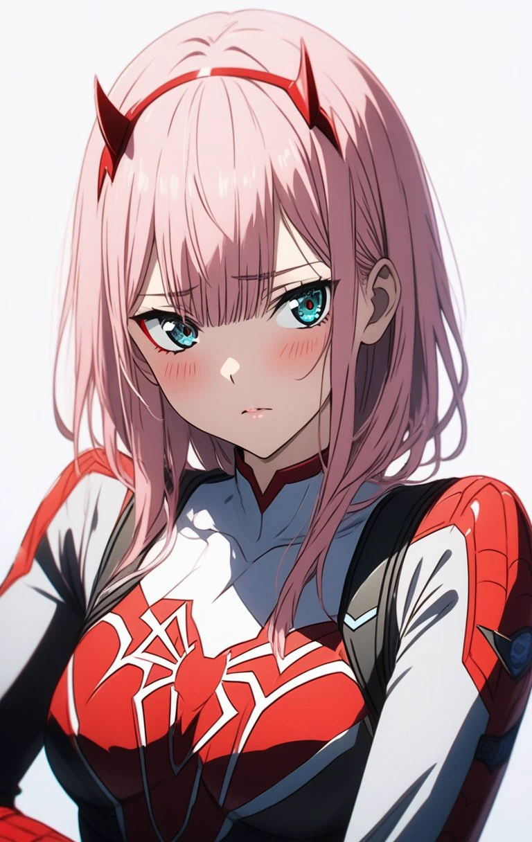 1girl,BREAK source_anime, zero two from darling in the franxx , pink hair,
spiderman suit ,spiderman logo, seductive,gorgeous,stunning,simple background,white background,blush,high resolution textures,cinematic,extremely detailed  <lora:Spiderman_Suit:0.7>