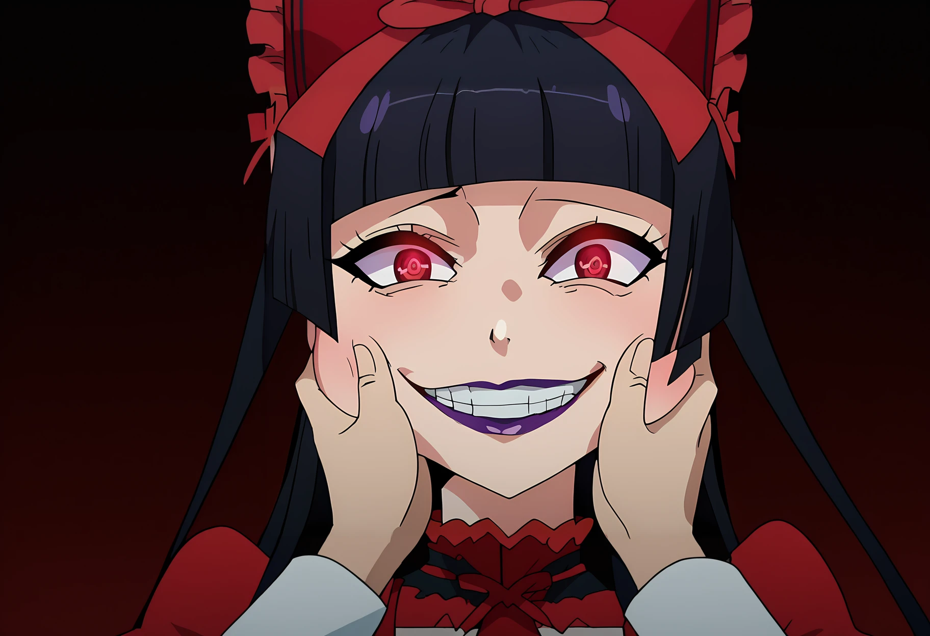 score_7_up, anime screencap, close-up, cheek squash, hands on another's face, hands on another's cheeks, 
<lora:GATE_RoryMercuryXL:0.9>, RoryMercury,
1girl, head tilt, yandere, yandere trance, evil grin, glowing eyes, crazy eyes,
long hair, black hair, red eyes, hime cut, blunt bangs, purple lipstick, hair bow,
multicolored dress, black dress, red dress, puffy short sleeves, red necktie,
solo focus, pov hands, looking at viewer, 
night, dark environment, <lora:SoloStatueGodGrin-closrem-v2:0.8>,  <lora:POVCheekSquash_XLPD:1.2>