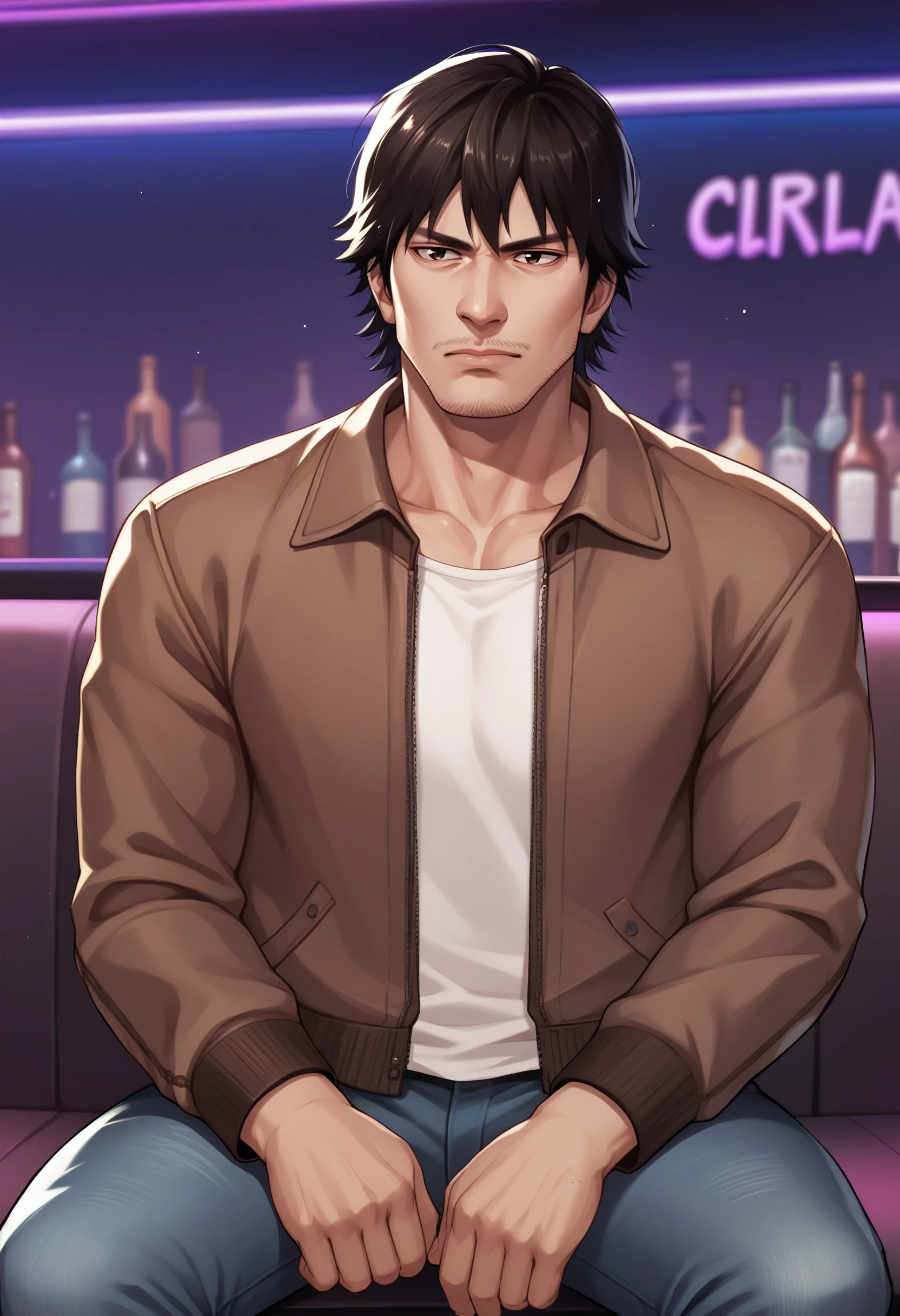 score_9, score_8_up, score_7_up, <lora:tatsuoshinada-guy-PONY-LyCORIS-v1:1>, tatsuoshinada, 1boy, solo, facial hair, stubble, brown jacket, white shirt, denim, depth of field, nightclub, sitting