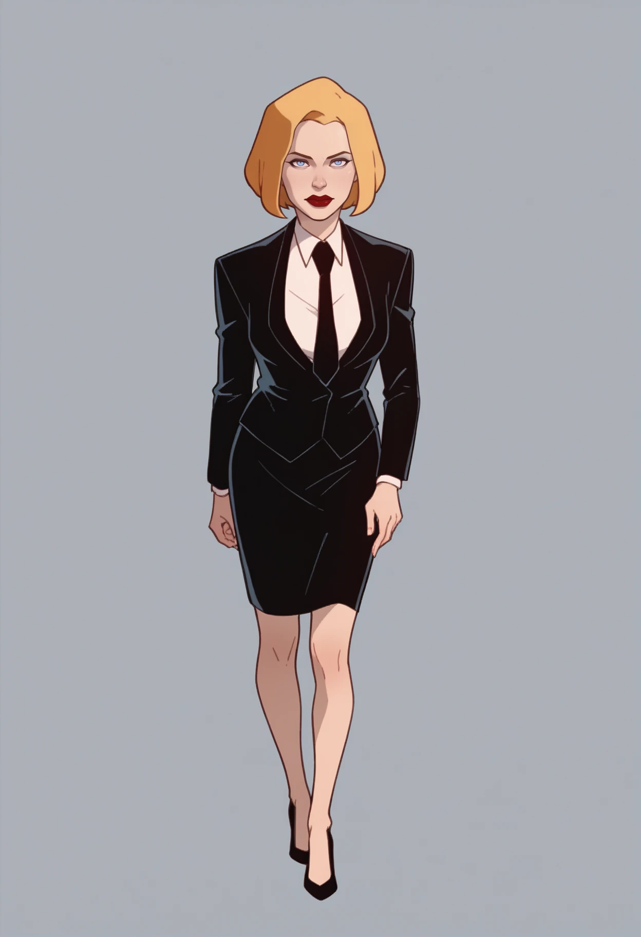 score_9, score_8_up, score_7_up, score_6_up, score_5_up, score_4_up, BREAK,
1girl, agentl, blonde hair, short hair, blue eyes, red lips, makeup, 
suit, jacket, long sleeves, necktie, white shirt, black skirt, high heels,
full body, solo, looking at viewer, simple background, solid grey background  <lora:AgentLXL:1>