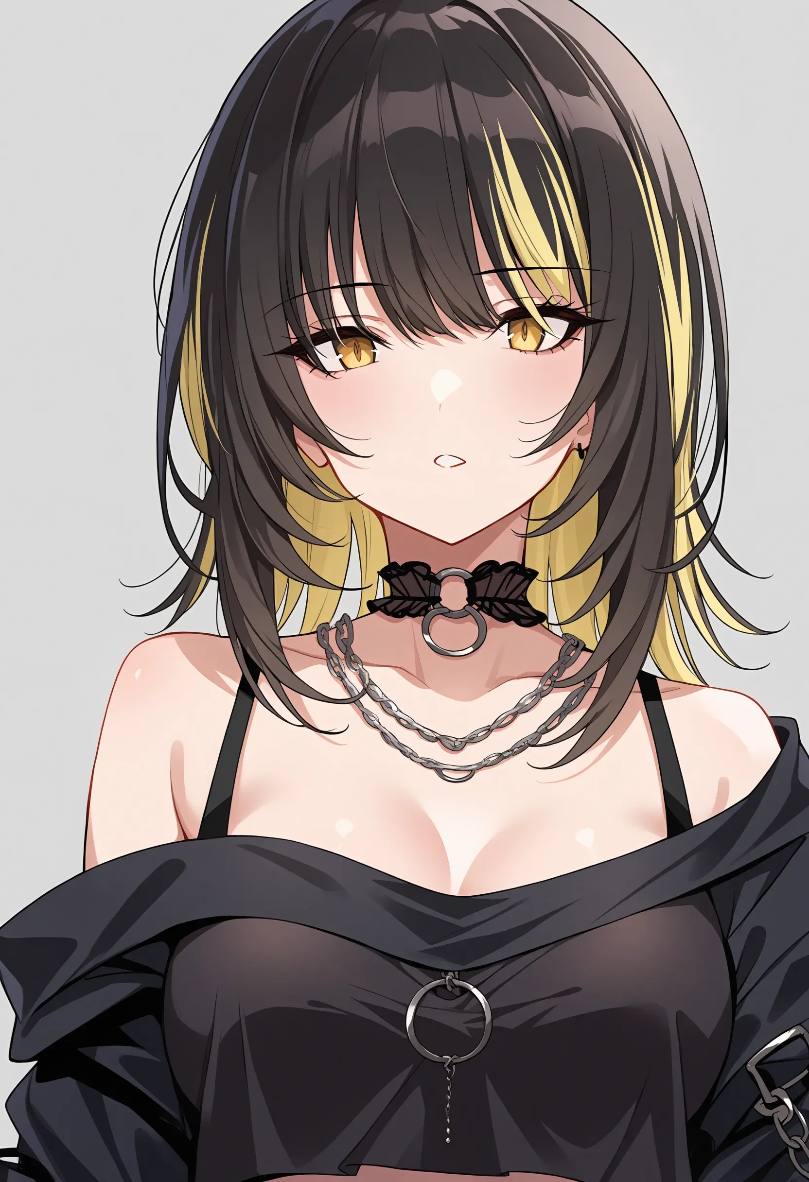 l_ikaruga, score_9, best quality,
1girl, solo, yellow eyes, breasts, multicolored hair,  black hair, blonde hair, crop top, looking at viewer, portrait, o-ring, cleavage, bare shoulders, parted lips, necklace, chain necklace, streaked hair, bangs, shirt, medium breasts, medium hair, jewelry, black shirt, choker, grey background, off shoulder, long sleeves, chain, collarbone
<lora:l_ikarugaXL_pony:1>