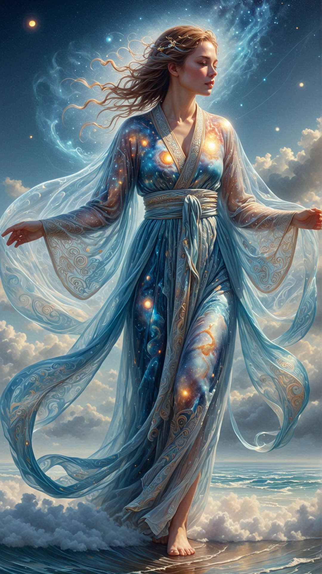 <lora:CosmicStyleSDXL:1.5>CosmicStyle (Realistic oil painting of a fantasy character dressed in a flowing robe, intricate patterns depicting the passage of time, floating above a serene cloud sea, soft sunlight filtering through wisps of clouds, calm and contemplative expression, detailed clothing and accessories, gentle breeze rustling the character's garments, muted colors, pastel hues, misty atmosphere, tranquil background, peaceful mood, soft and smooth brushstrokes, detailed and intricate textures, masterful technique, high-resolution, detailed and sharp focus, epic fantasy, concept art, artstation, wallpaper:0.5), see-through, transparent