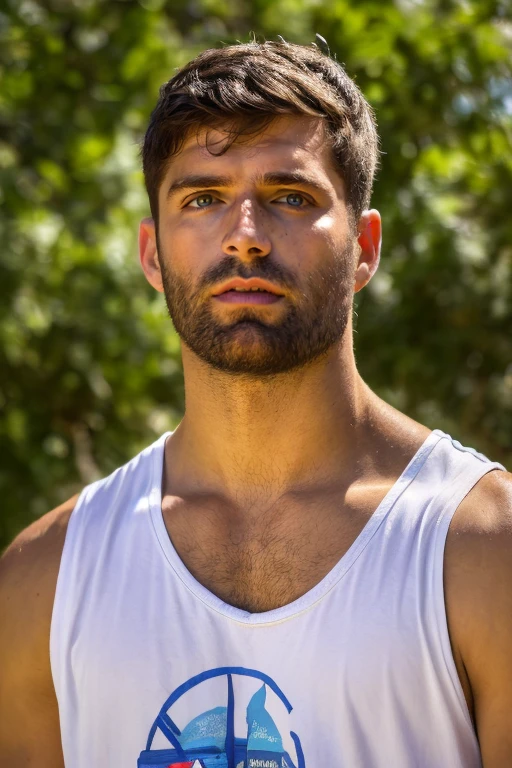 photograph of guy  face focus, upper body High resolution handsome guy, highly detailed, white tank top, (look at viewer) bokeh background, sunlight morning, sunburnt, detailed eyes,  <lora:add_detail:0.6>  <lora:bartwito:0.78> bartwito (blued-eyes) (full beard), (masterpiece,best quality:1.5)