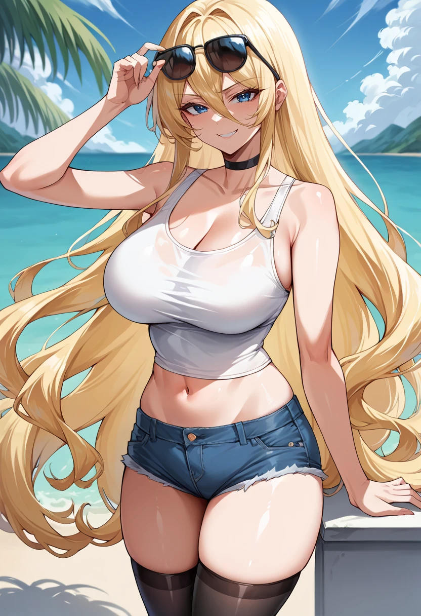 score_9,  score_7_up, 1girl, source_anime, mlbszw,  blonde hair, blue eyes,  looking at viewer,   hair between eyes,  large breasts,   cowboy shot, very long hair  <lora:ml-bsmarck-zwi-pdxl:1>,  smirk, sunglasses, tank top, black choker, short shorts, thigh highs,  confident,