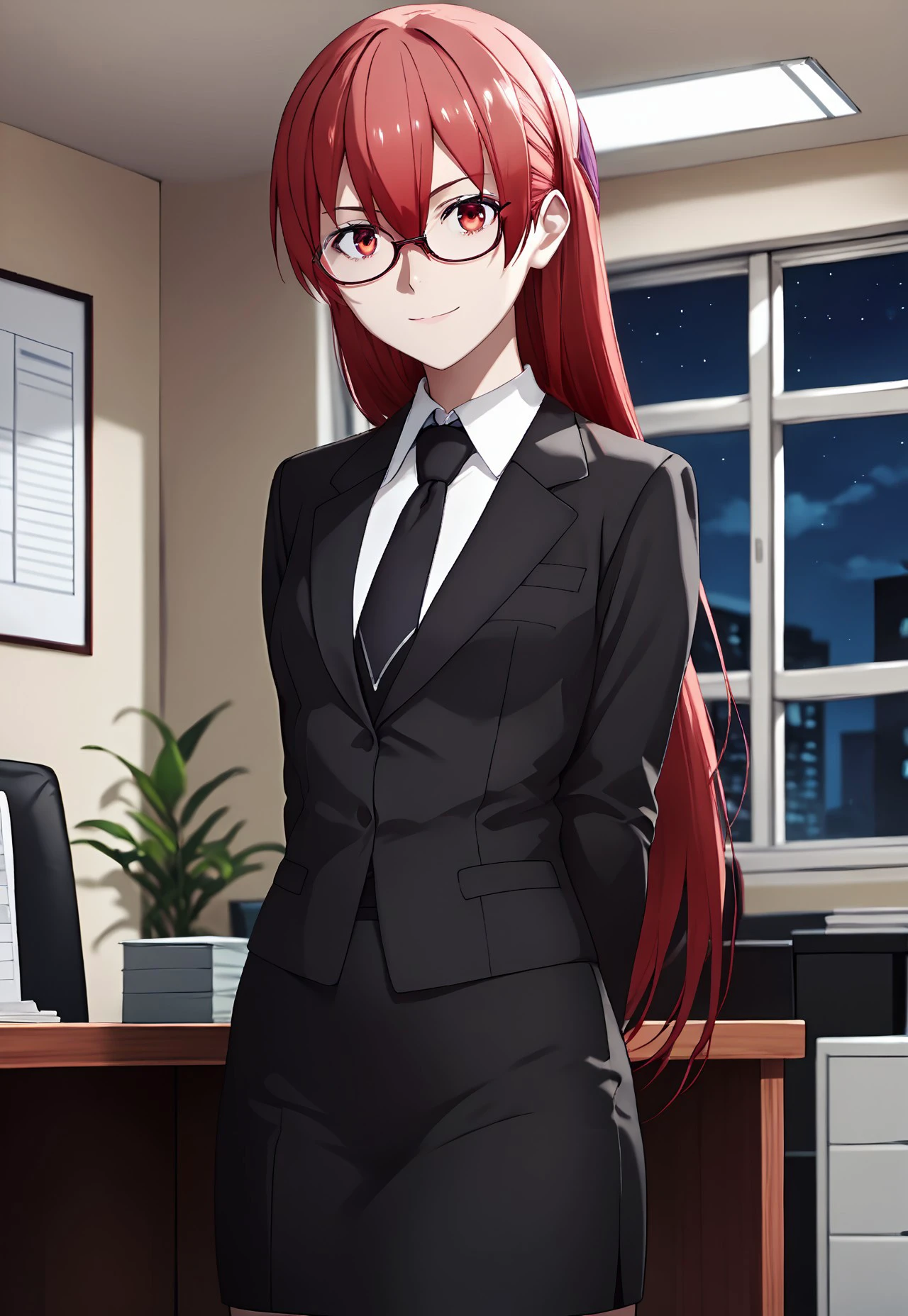 eye catching, score_9, score_8_up, score_7_up, source_anime, rating_safe, intricate details, (photorealistic:0.6), looking at viewer, depth of field, 1girl, solo,, tsukasa_yuzaki, red hair, red eyes, long hair, hair between eyes, bangs, office room, night, light smile, eyeglasses, red eyeframe, black tuxedo, black necktie, black skirts, arms on behind back, tigh, full body shot, straightened up, from middle,middle,