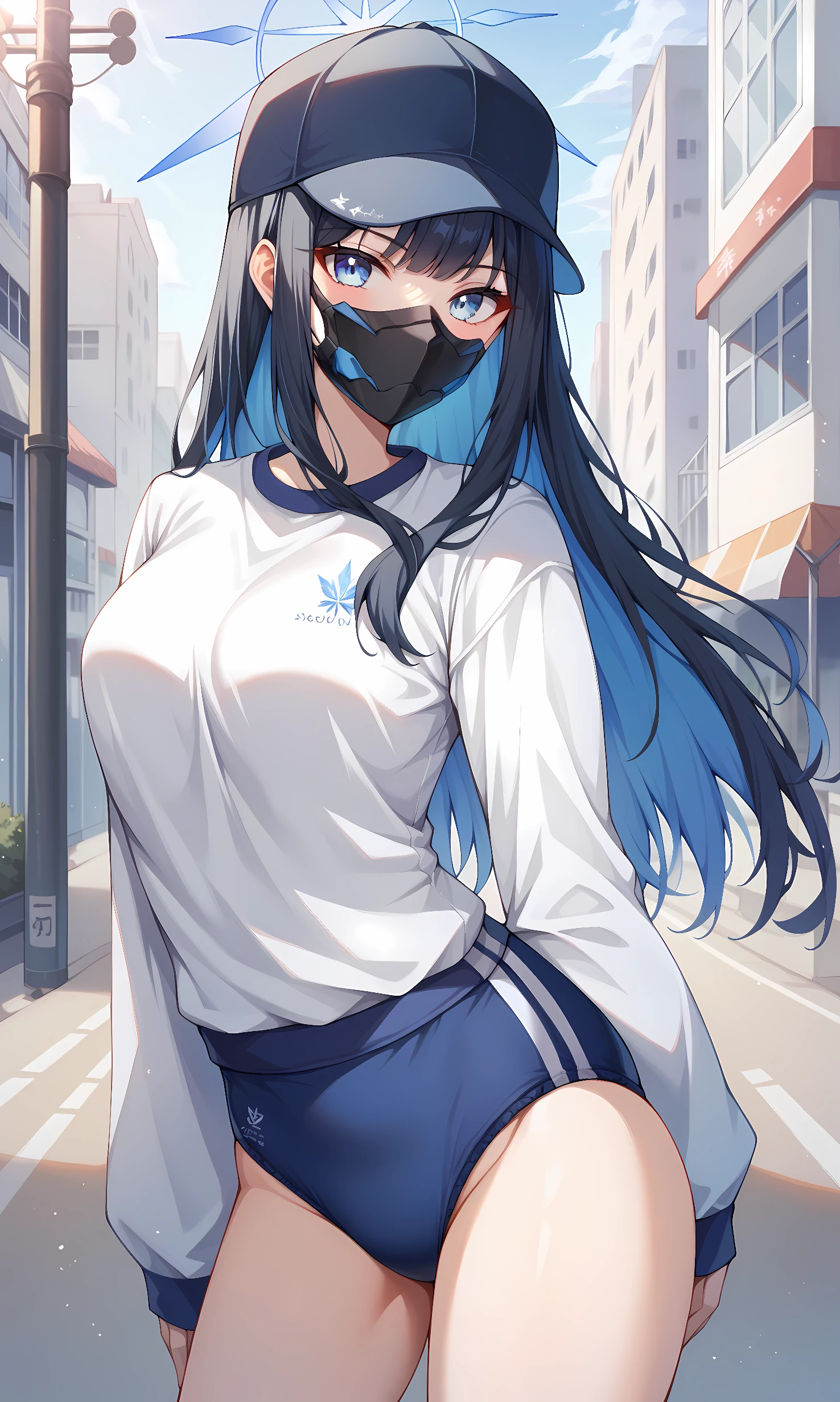 score_9, score_8_up, score_7_up, BREAK source_anime, 1girl, solo, outdoors, street, cowboy shot, standing, looking at viewer, saori, blue eyes, black hair, colored-inner hair, long hair, halo, baseball cap, black cap, mask, mouth mask, white shirt, gym uniform, buruma