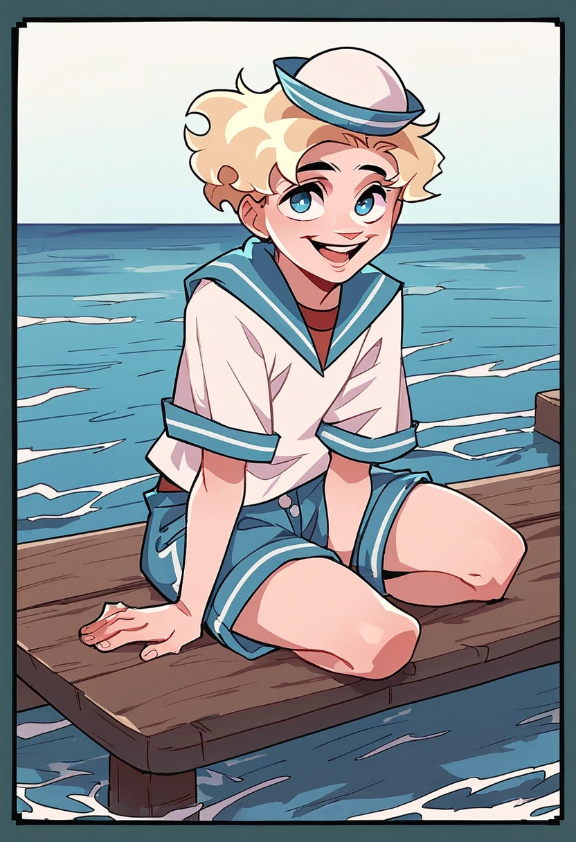 score_9, score_8_up, score_7_up, 1boy, blonde hair, blue eyes, blue sailor collar, sailor hat, shirt, short hair, solo, white shirt, blue shorts, looking at viewer, happy, pier, sea background, full body, <lora:Sailor_VladikVK_stikerÐÐ°ÑÑÐ¾Ñ_ÐÐ»Ð°Ð´Ð¸Ðº:1>