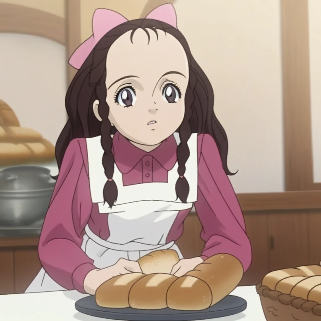 score_9, solo, emily_ks, brown hair, hair bow, apron, twin braids, indoors, dining table, bread basket