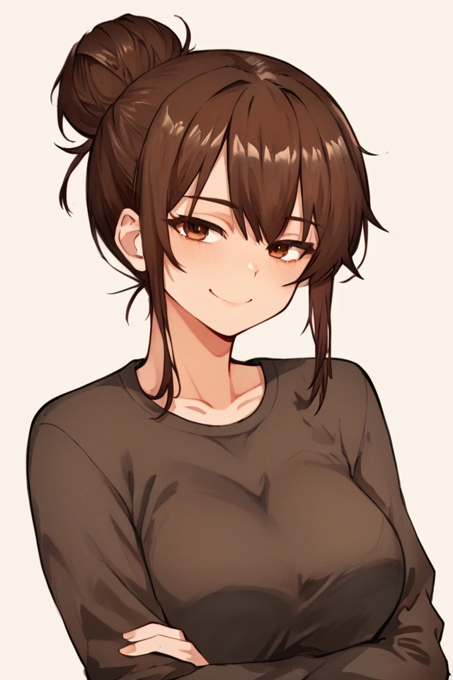 score_9, score_8, score_7, source_anime, 1girl, VarnisKarnis, brown hair, brown eyes, smile, breasts, portrait, <lora:VarnisKarnis_epoch_11:1>, (messy hair:0.8), hair bun, side locks,