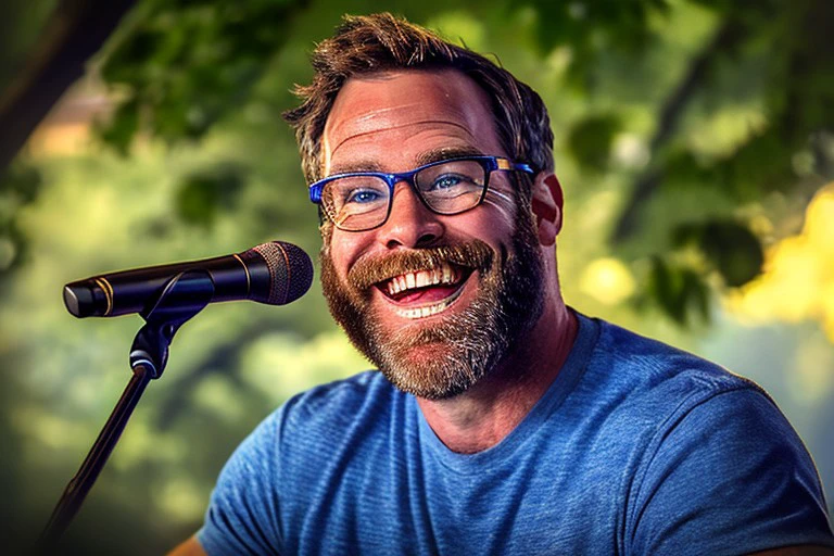 (masterpiece), best quality, expressive eyes, perfect face, 38-year old Southern White American male from West Virginia, thin but also low-key muscular, wearing glasses, with an unkempt beard and a goofy smile, singing on stage at a country music festival, soulfully singing while smiling at viewer