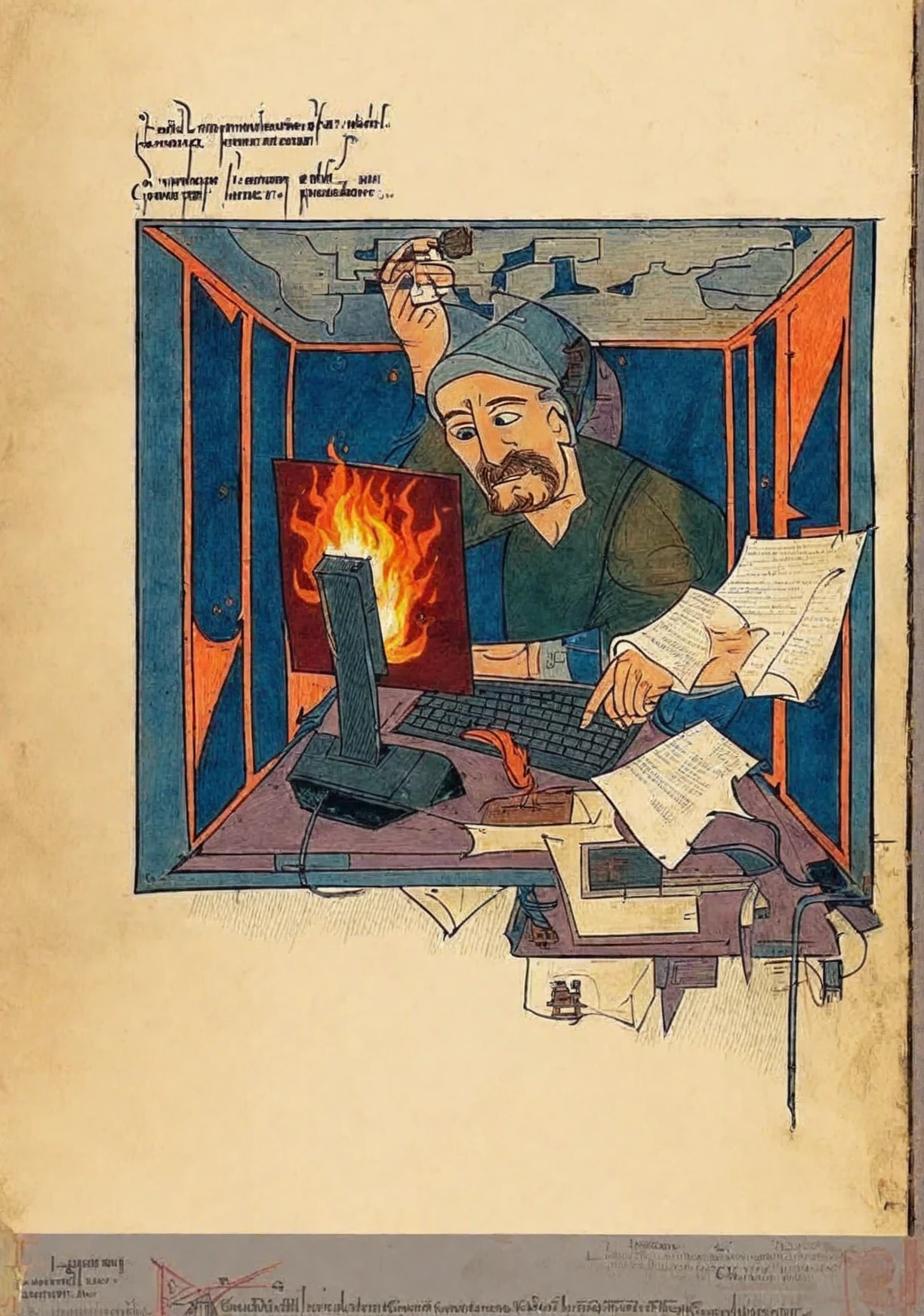 a computer ((on fire)) in an office, an illustration from a medieval manuscript shows  ( a man trying to repair a burning computer, he is holding a paper up to his mouth and looking down at it:1.1)  the headline on the page says "maintenance"
,bpe-scifi , <lora:high_medieval_period_pony_v1:1.1> created in the high medieval period,illustration \(genre\),romanesque \(style\) , weird medieval by unbekannt in, score_9, score_6_up, score_7_up