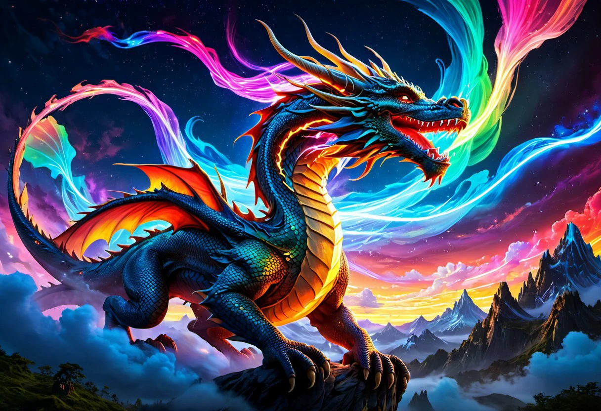 flat art, surreal, ImgFixerPre0.3, dragon floating in the sky,  colorful lights streak across the sky creating fantastical imagery. fantastical scenes that blends wonder with imagination. Colorful light show, thick lines, line art, flat art, enhanced background, creative, beautiful, vibrant, masterpiece, 8k, Ultra HD, amazing details, amazing quality, amazing artist, sharp edges, detailed textures, full view, atmospheric lighting, amazing visuals