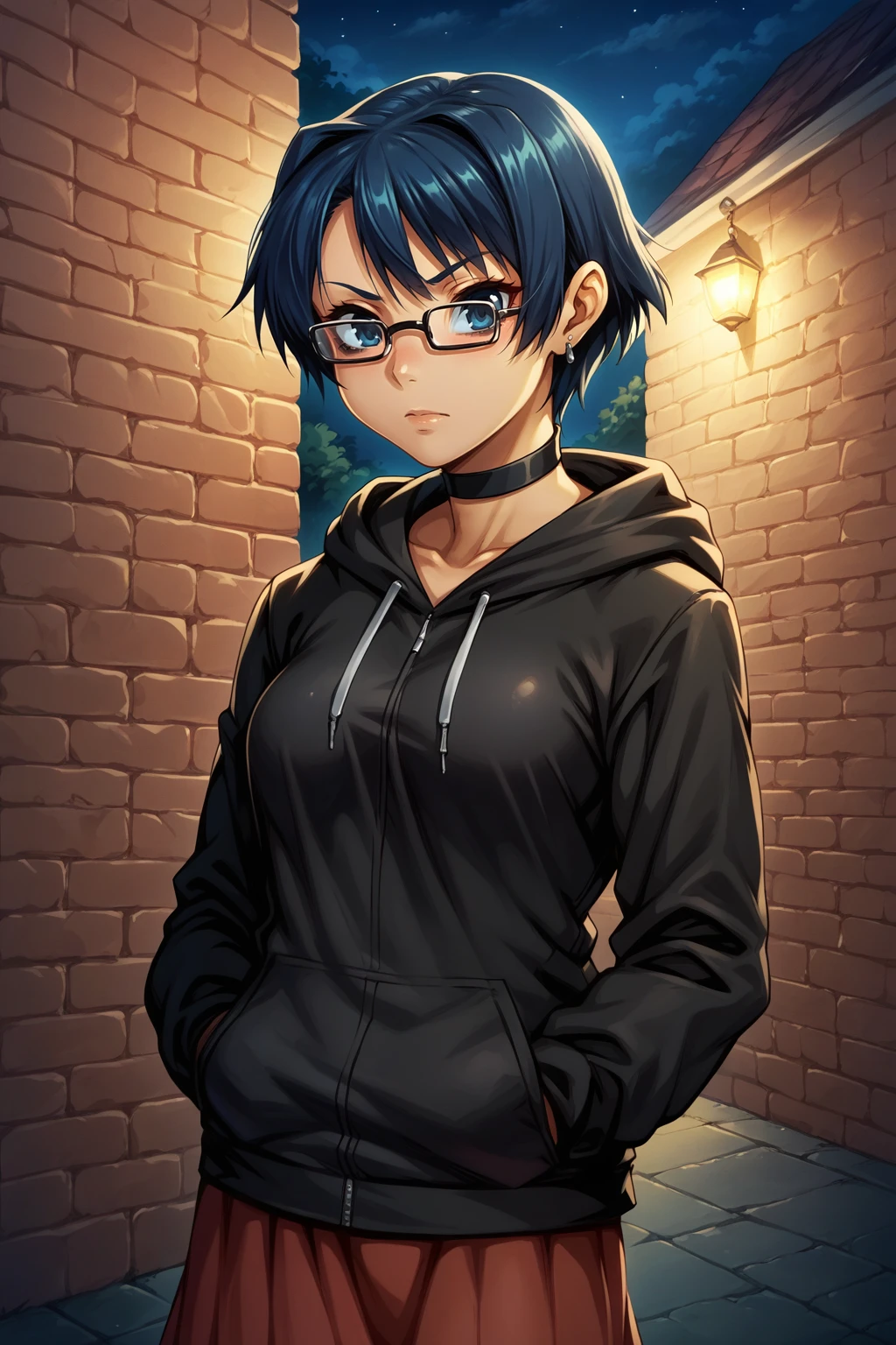 score_9, score_8_up BREAK  <lora:NSShizuneKatawa:1> NSShizuneKatawa, short hair, dark blue hair, glasses, black hoodie, mascara, red skirt, choker, hands in pockets, earrings, brick wall, night, dark