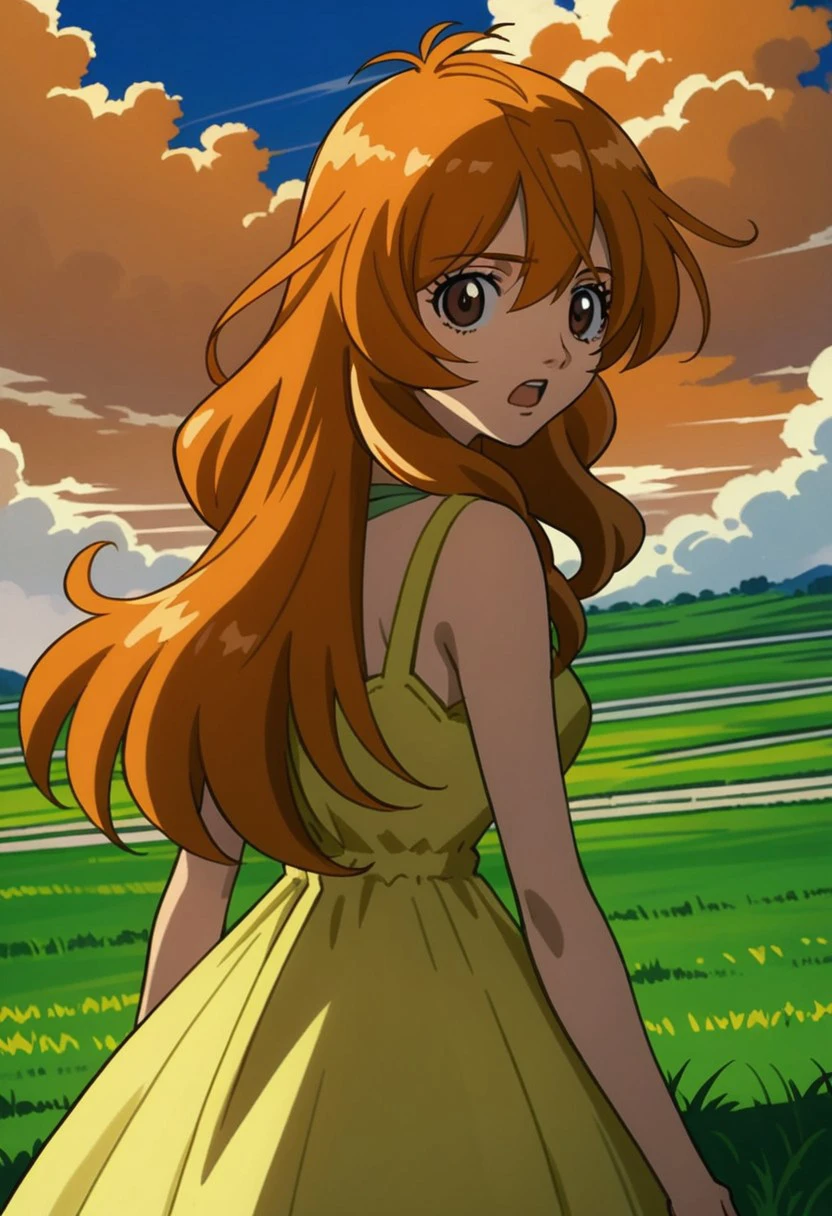 score 9, score 8 up, score 7 up, masterpiece_portrait, high quality, anime coloring, bakugan, alice gehabich, 1girl, solo, long hair, dress, brown eyes, day, outdoors, yellow dress, sky, orange hair, open mouth, cloud, looking back, sundress, grass