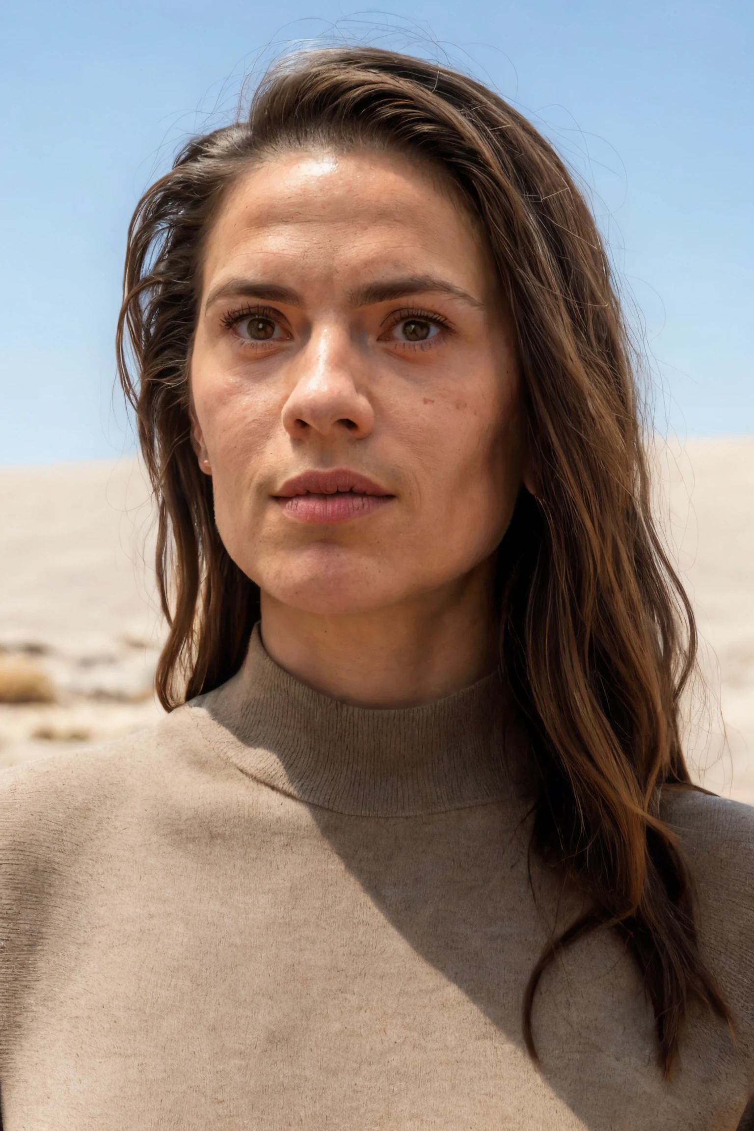 1girl, woman in a sleeveless turtleneck sweater alone in a barren desert, the warm tones of the sand contrasting with her cozy attire, wind softly blowing her hair, distant dunes under a clear blue sky, serene yet stark atmosphere, closeup on her face, detailed face, (photorealistic, absurdres, best quality, masterpiece:1.4), (high detailed skin:1.3)
 <lora:hayley_atwell_lora_v01:1> haywell