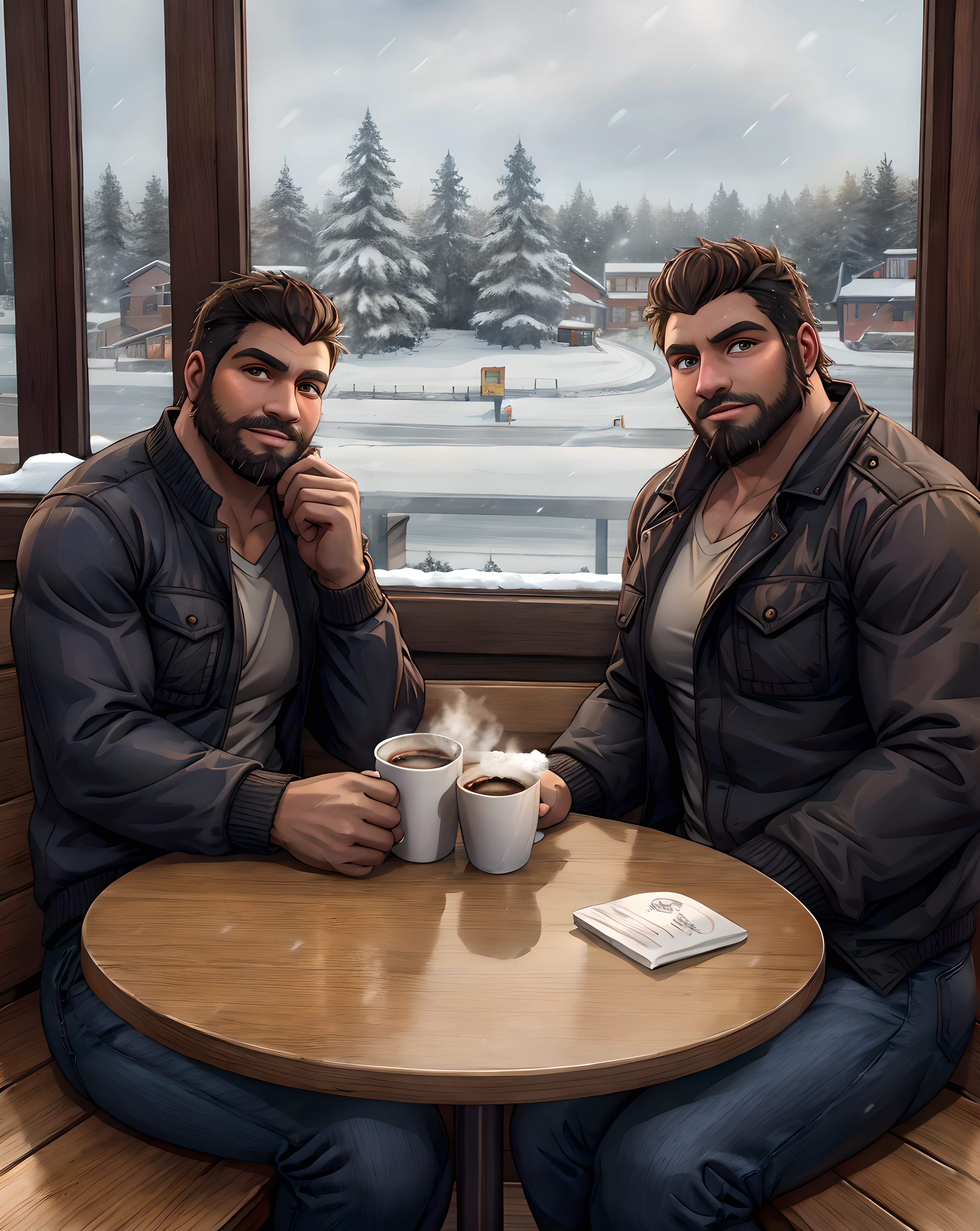 <lora:Beard_Dom_Santiago:0.7> full_beard_dom, jeans, winter jacket, looking at viewer, beard, sitting on bench, table, indoor, snow, winter, restaurant, window, hot coffee, daytime, dark skin