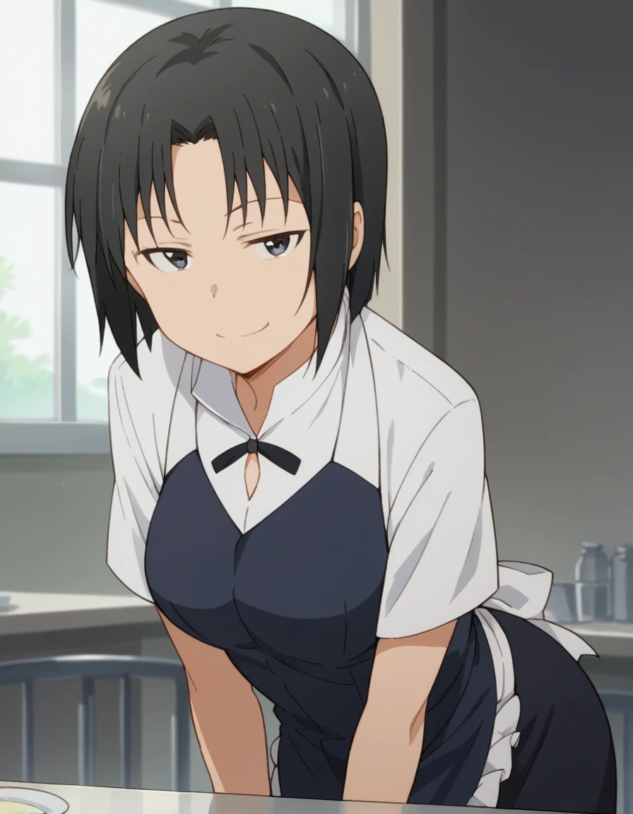 score_9, score_8_up, score_7_up, source_anime, <lora:kyouko-shirafuji-s2-ponyxl-lora-nochekaiser:1>, kyouko shirafuji, short hair, black hair, black eyes,, apron, waitress,, indoors, bent over, smile, smug, looking at viewer, solo,, cowboy shot, dutch angle
