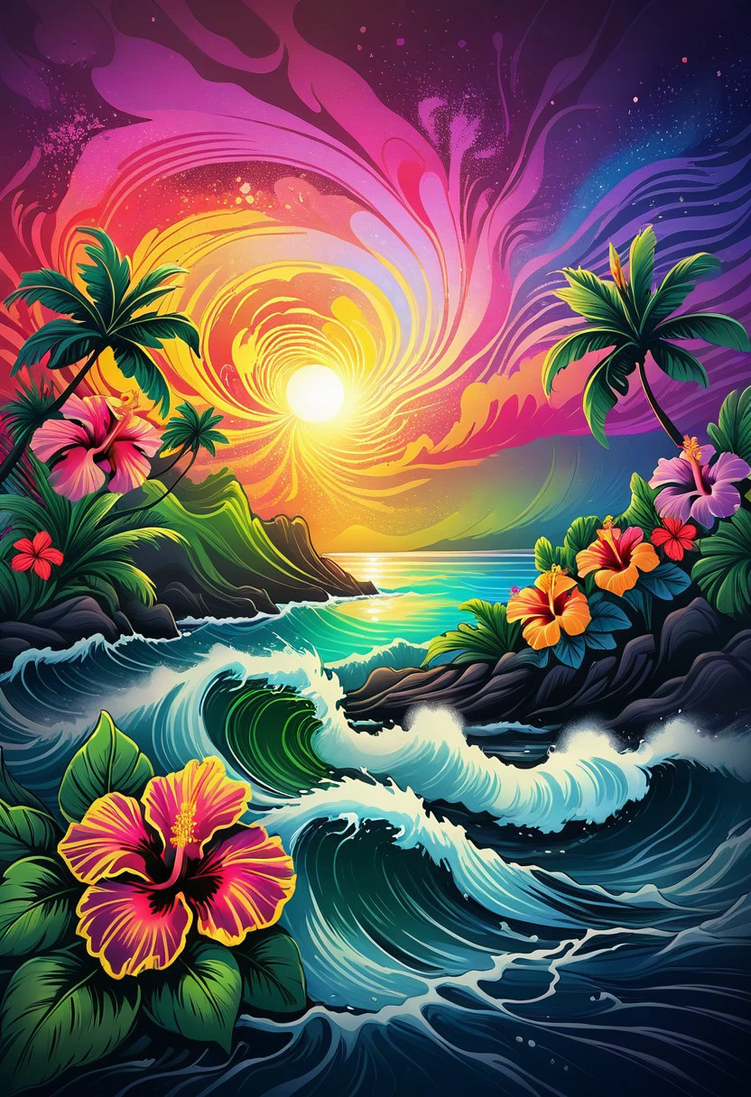 flat art, surreal, an island, a magical island setting in hawaii, made up of surreal imagery, colorful lights of a beautiful sunset swirl and streak across the sky creating fantastical imagery. Magical scenery blending the ideas of cool relaxing ocean waves and swaying green palm trees, beautiful hibiscus flowers blooming in all various colors leaving a soothing calm and colorful spectacle of wonder. Colorful light show, thick lines, line art, flat art, enhanced background, creative, beautiful, vibrant, masterpiece, 8k, Ultra HD, amazing details, amazing quality, amazing artist, sharp edges, detailed textures, full view, atmospheric lighting, amazing visuals
