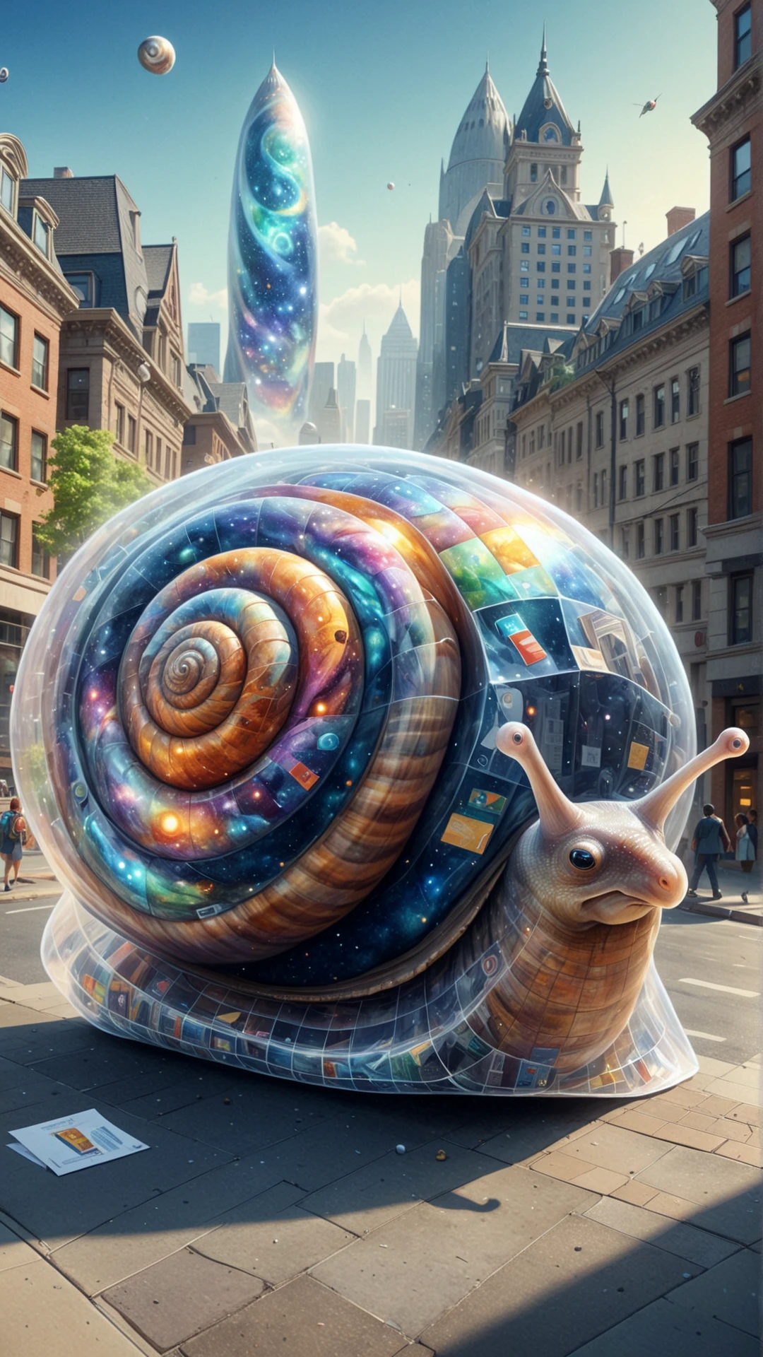 <lora:CosmicStyleSDXL:1.4>CosmicStyle (Realistic illustration of a giant snail delivering mail in a bustling metropolis, detailed buildings and people, vibrant and dynamic color palette, a mix of sunny and shaded areas, high contrast, focus on the snail and the mail, detailed mailbag, playful and imaginative mood, watercolor texture, children's book style:0.5), see-through, transparent