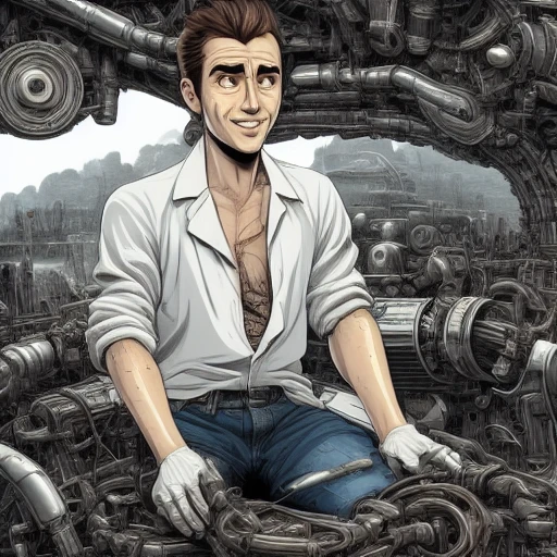 mechanical background, mechanic, fixing, shirt, clevage, dirty, facing viewer, tired, sweating, grin, perfect quality, HD, 4k, masterpiece,