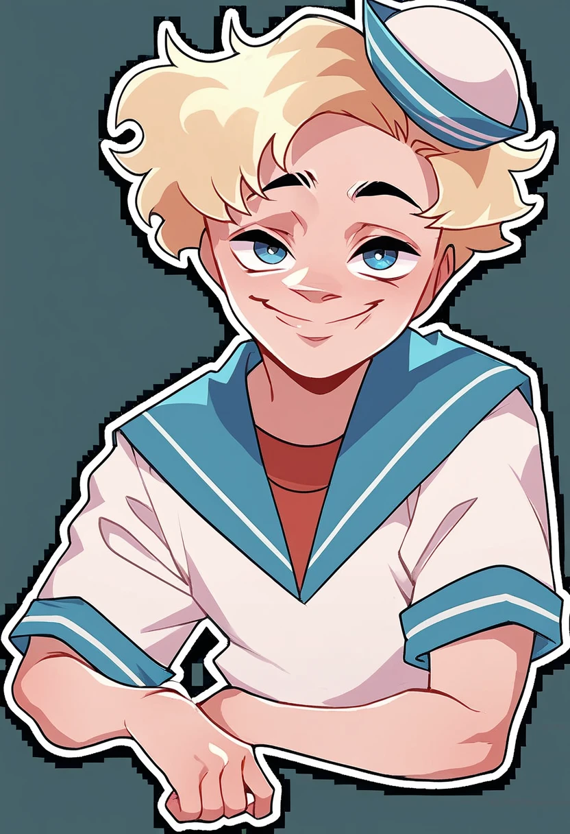 score_9, score_8_up, score_7_up, 1boy, blonde hair, blue eyes, blue sailor collar, sailor hat, shirt, short hair, solo, looking at viewer, white background, white shirt, smug, <lora:Sailor_VladikVK_stikerÐÐ°ÑÑÐ¾Ñ_ÐÐ»Ð°Ð´Ð¸Ðº:1>