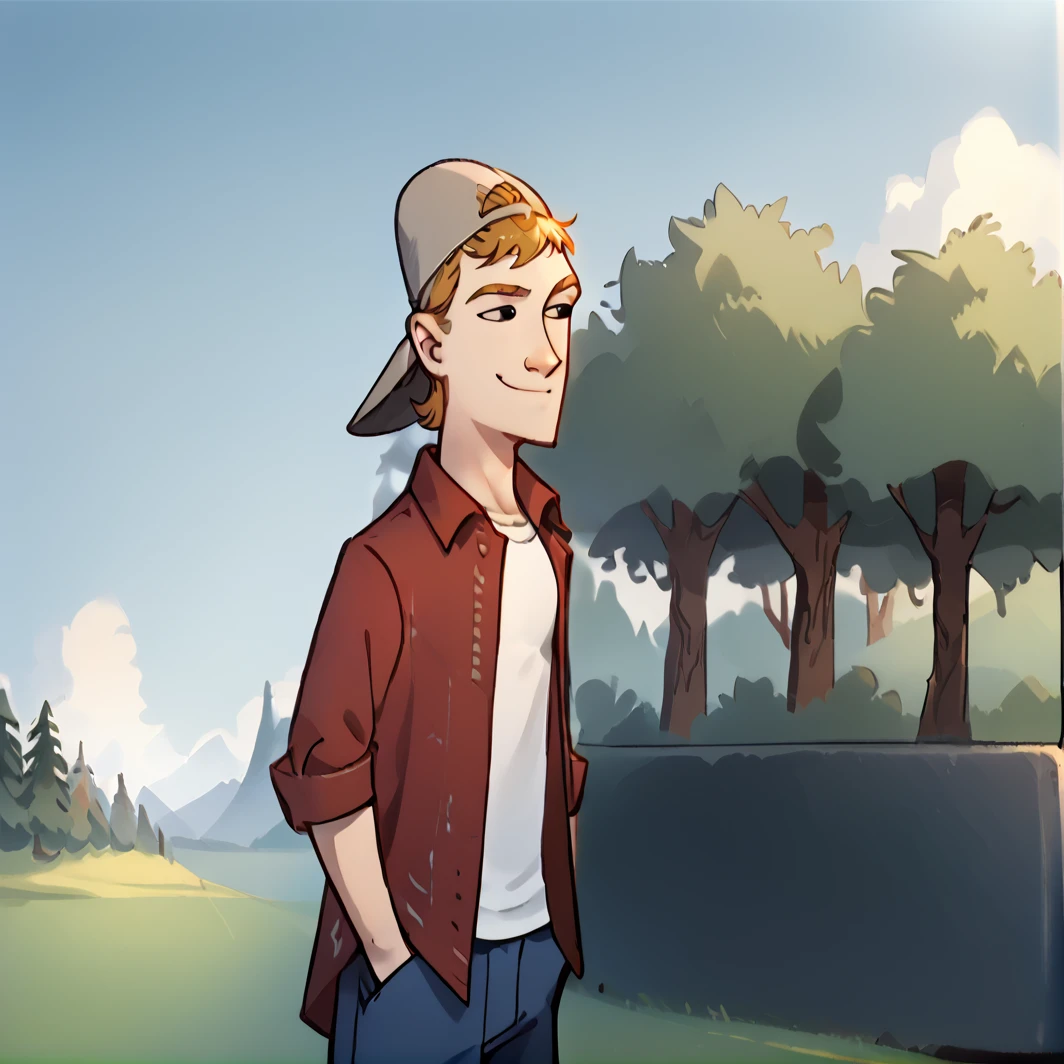 core_9, score_8_up, score_7_up, score_6_up, score_5_up, score_4_up, <lora:RandalGraves:1>, randalgraves, flannel, sleeves_rolled_up, smile, brown hair, shirt, 1boy, hat, closed mouth, jacket, white shirt, male focus, outdoors, open clothes, pants, black eyes, english text, parody, red jacket, hands in pockets, blue pants, baseball cap, backwards hat, short hair, red shirt, orange hair <lora:Smooth Anime Style LoRA XL:1>,  <lora:Beautiful_CAT_Pony:1>, solo,