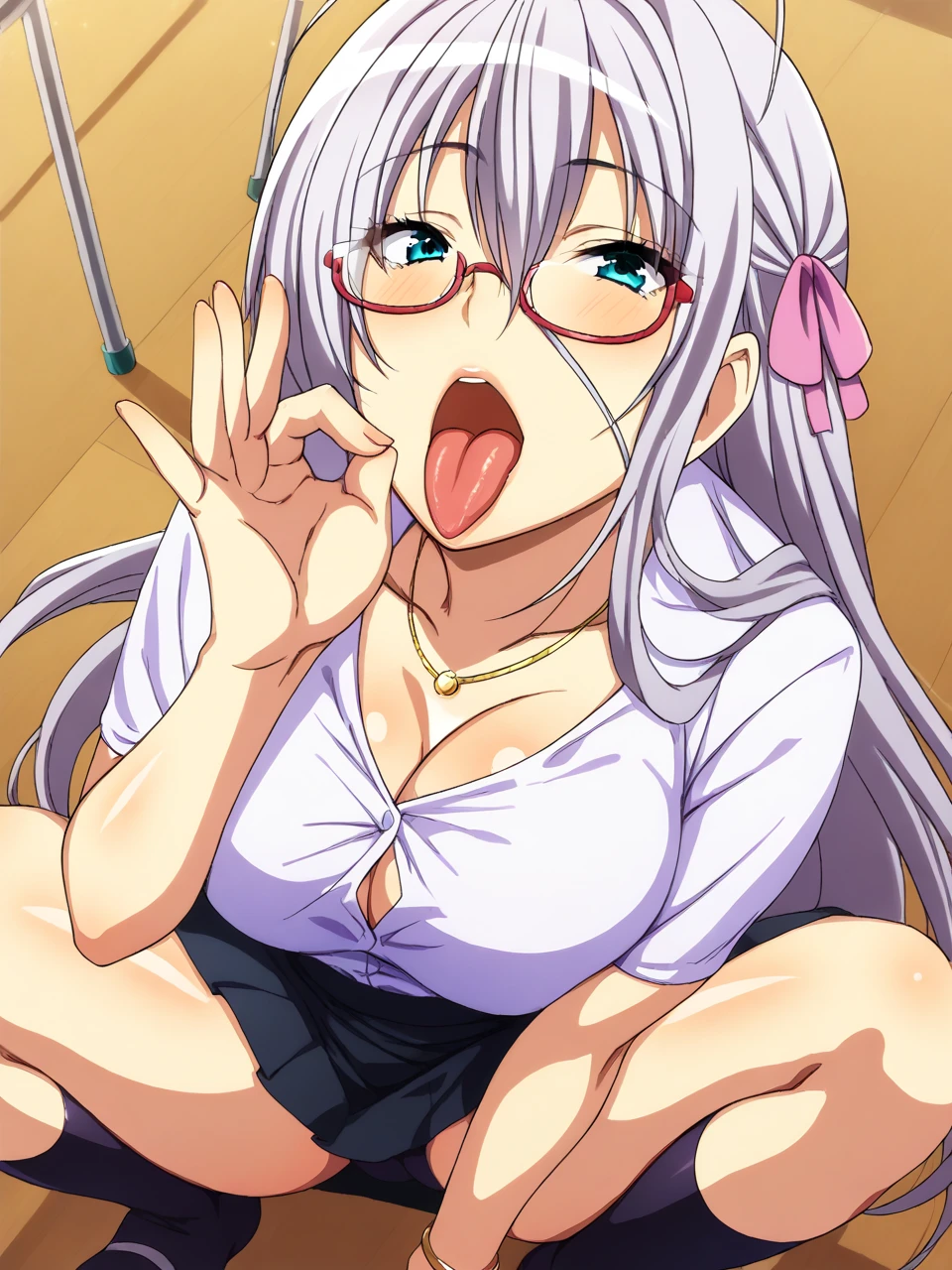 alisamikhailovna, alisamikhailovna kujou, long hair, bangs, blue eyes, ahoge, gray hair, red ribbon, strip stage, purple lighting, smile, ahegao, screaming, white lingerie, pregnant woman, spread her legs with wide apart, lying on back, show pussy, musterbate, very hard, squired, bukkake, orgasm