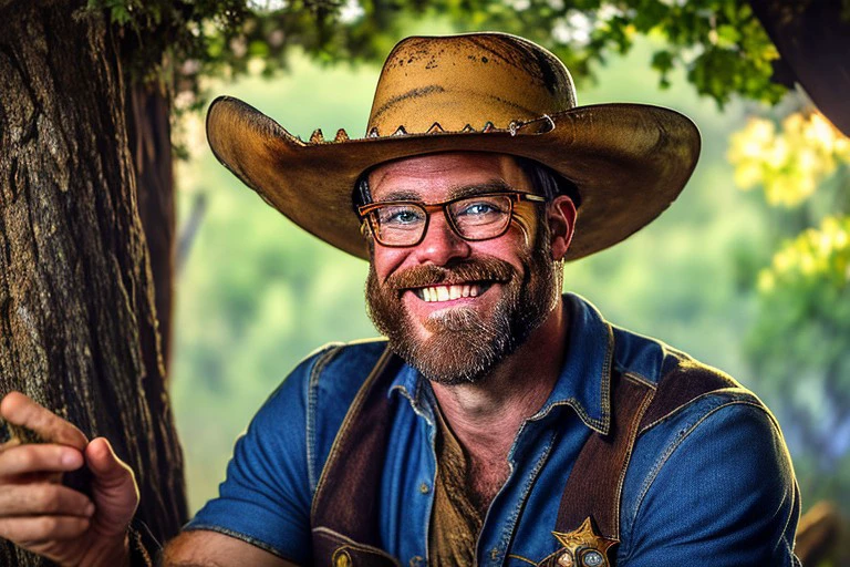 (masterpiece), best quality, expressive eyes, perfect face, 38-year old Southern White American male from West Virginia, thin but also low-key muscular, wearing glasses, with an unkempt beard and a goofy smile, as a Sheriff Deputy in the Wild West in the 1800s, brown clothes, cowboy hat