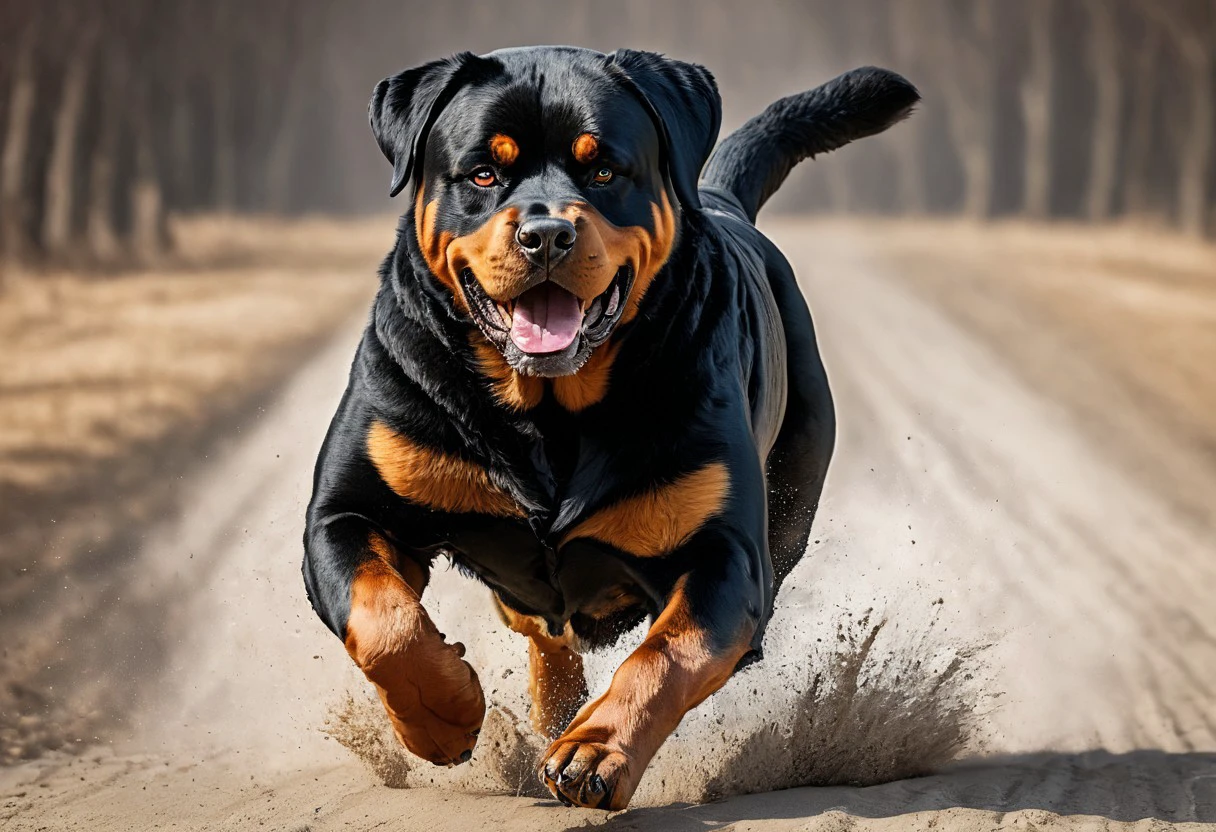 super realistic image ultra quality and super high resolution and sharp focus, photorealistic style of Rottweiler dog dynamic pose,