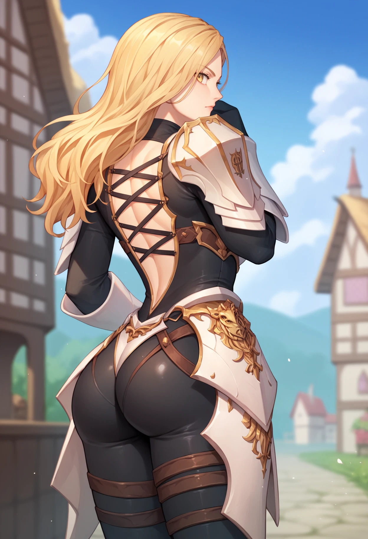 score_9, score_8_up, score_7_up, score_6_up, score_5_up, score_4_up, BREAK,
1girl, kisara, blonde hair, long hair, yellow eyes,
armor, ass, back cutout, bodysuit, pauldrons, shoulder armor, skin tight,
looking back, from behind, median furrow,
blue sky,day,  outdoors, solo, medieval, medieval town background  <lora:KisaraXL:1>