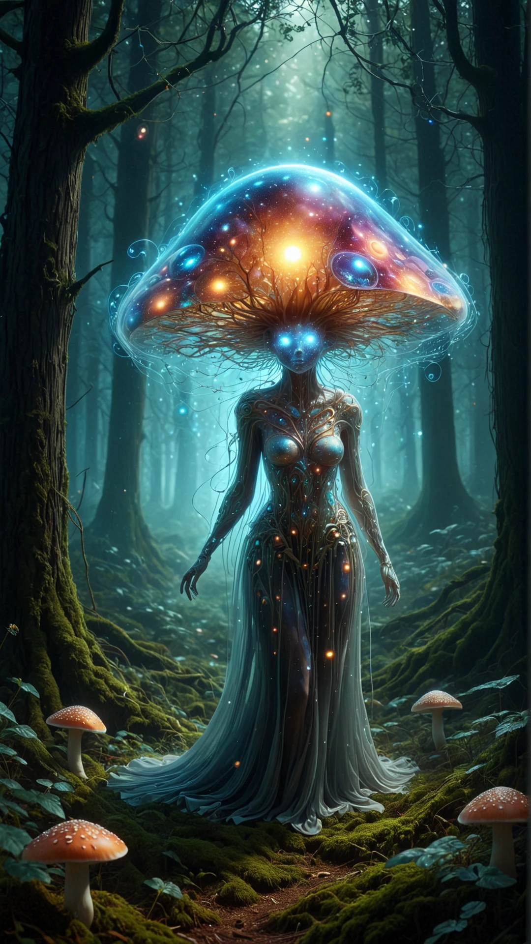 <lora:CosmicStyleSDXL:1.4>CosmicStyle (A surreal digital art piece featuring a serene, enchanted glade filled with glowing mushrooms of various shapes, sizes, and colors. The mushrooms emit a soft, ethereal glow, casting gentle light on the surrounding foliage. A mysterious figure, wearing an ornate, intricately designed mask, moves gracefully among the mushrooms, adding an air of mystery and allure to the scene. The atmosphere is peaceful and otherworldly, inviting the viewer to step into this magical realm and explore its secrets. The background details include tall trees with twisting branches and vibrant, glowing leaves, creating a sense of depth and dimension in the image. The overall mood is one of wonder and intrigue, drawing the viewer in and inviting them to imagine the stories that unfold in this mystical setting.:0.5), see-through, transparent