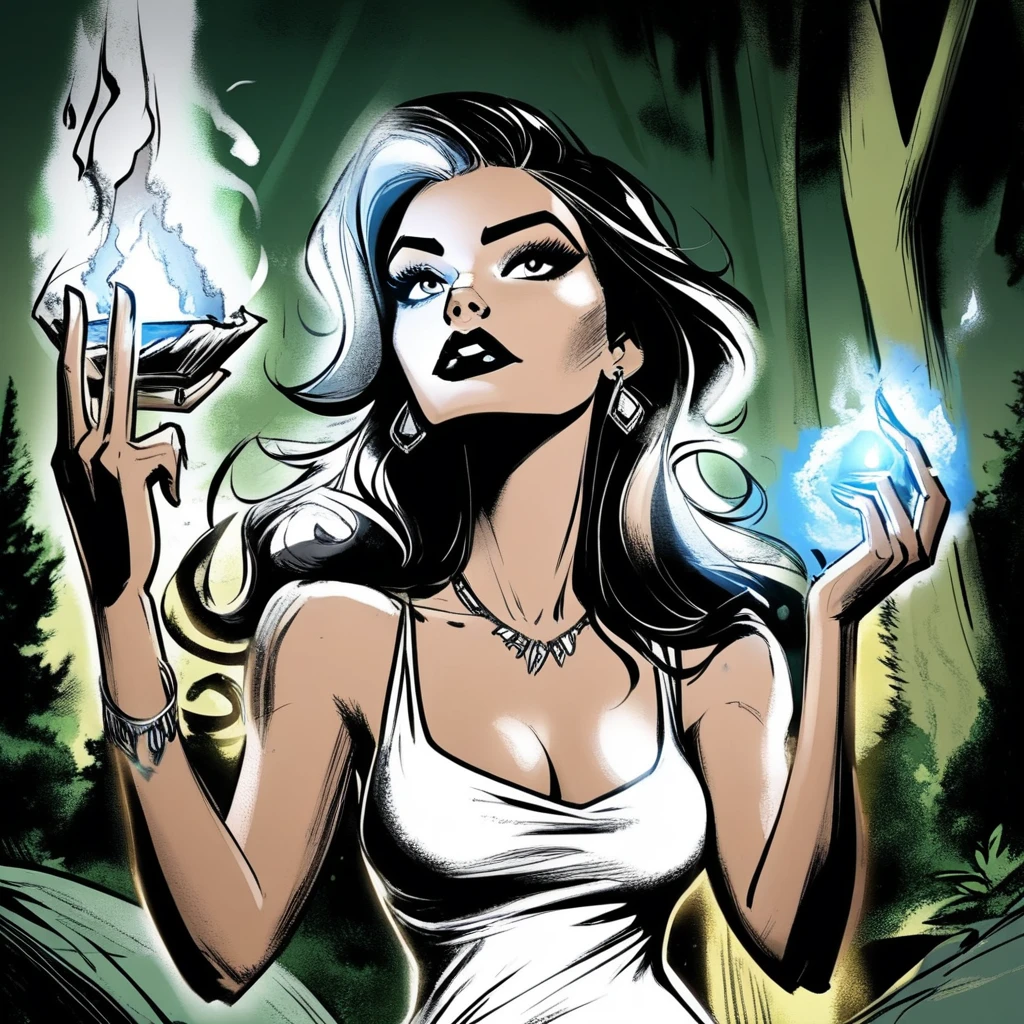Score_9, score_8_up, score_7_up, ArsMJStyle, AzureSketch, magical energy, A woman in a white dress holding a cigarette in her hand., 1girl, solo, jewelry, bracelet, dress, long hair, breasts, fire, cleavage, black hair, makeup, nature, medium breasts, forest, magic, lipstick, earrings, tree, white dress, blue fire