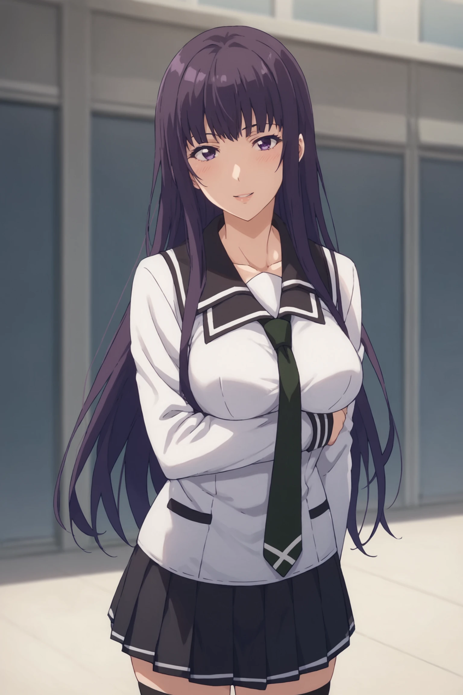 score_9, score_8_up, score_7_up, score_6_up, score_5_up, source_anime, rating_safe, outdoors, 1girl, solo, looking at viewer, medium breasts, <lora:age_slider_v4:3>, iwami sara, long hair, purple hair, purple eyes, sarawinter, school uniform, black collar, white uniform, long sleeves, green necktie, white skirt, pleated skirt, black thighhighs, loafers, <lora:Sara_Iwami:0.8>, (upper body:1.2)