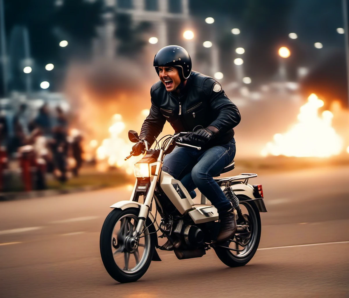 cinematic photo Tom Cruise is riding a motorcycle, motor vehicle, ground vehicle, stunts, flames, explosions, lightnings, sparkles <lora:103-1024:1> . 35mm photograph, film, bokeh, professional, 4k, highly detailed