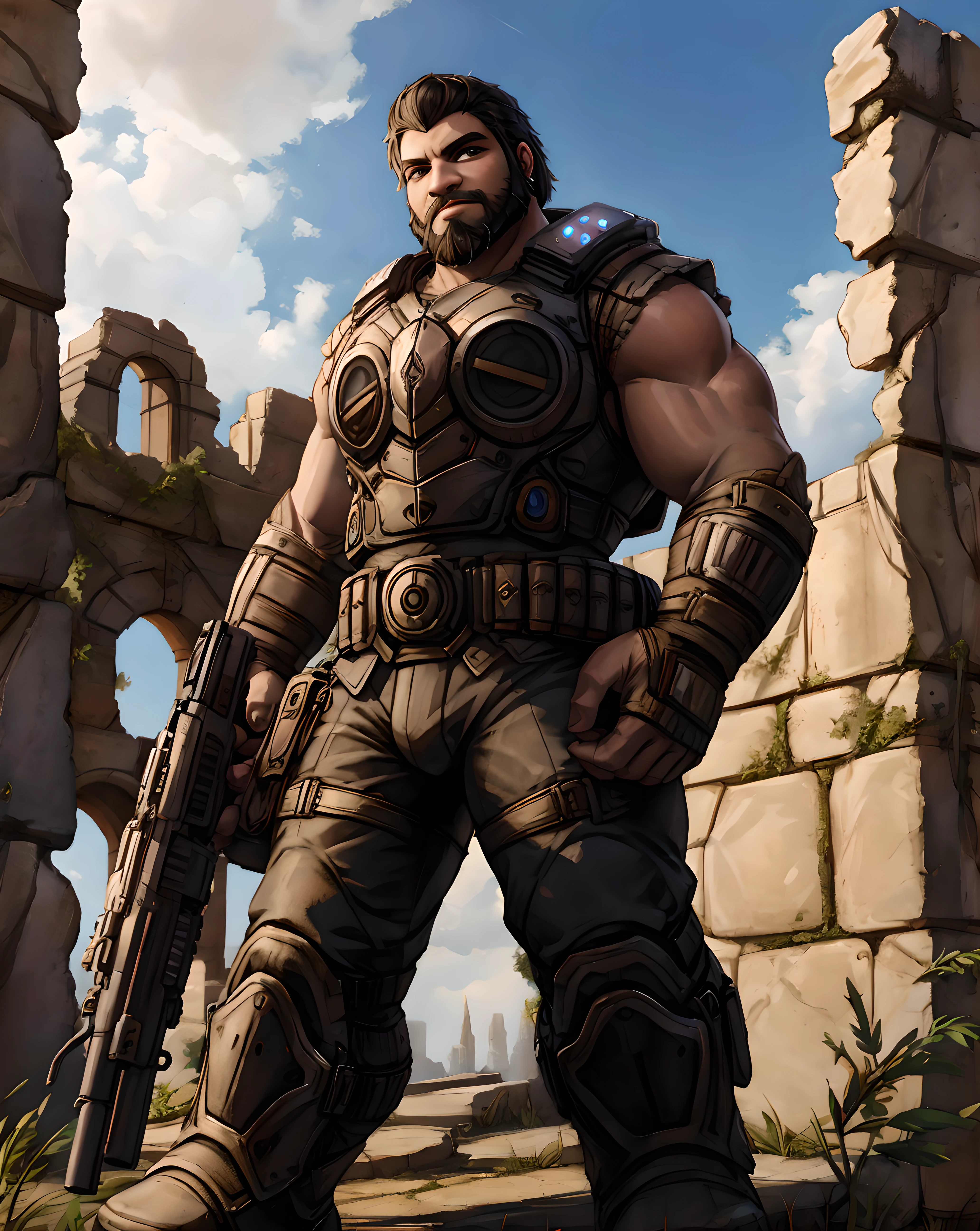 <lora:Beard_Dom_Santiago:0.7> full_beard_dom, armor, looking at viewer, ruins, holding gun, gun, trigger discipline, standing, beard