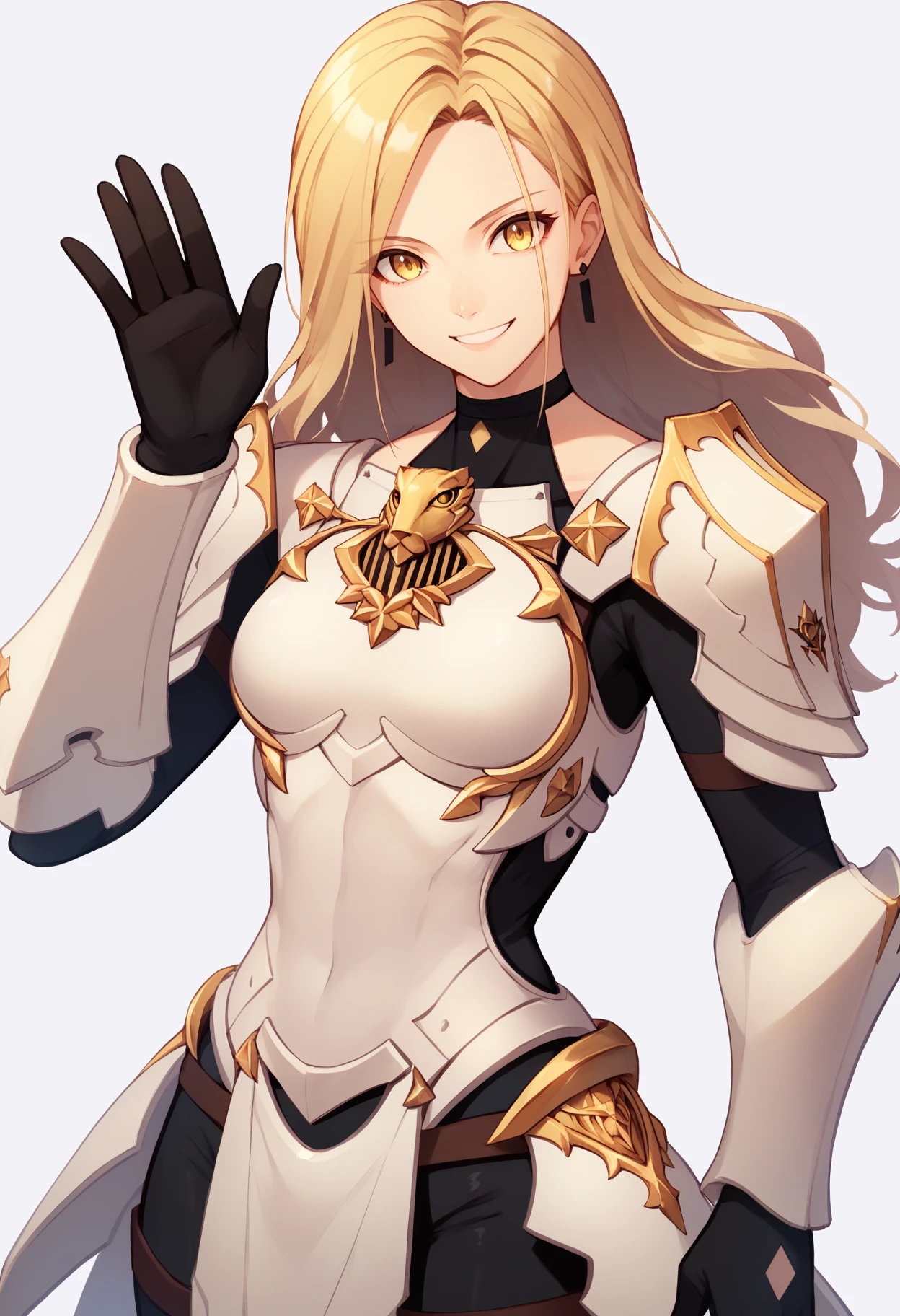 score_9, score_8_up, score_7_up, score_6_up, score_5_up, score_4_up, BREAK,
1girl, kisara, blonde hair, long hair, yellow eyes, earrings
armor, bodysuit, gloves, shoulder armor,
waving, smile, looking at viewer, solo, simple background, white background <lora:KisaraXL:1>