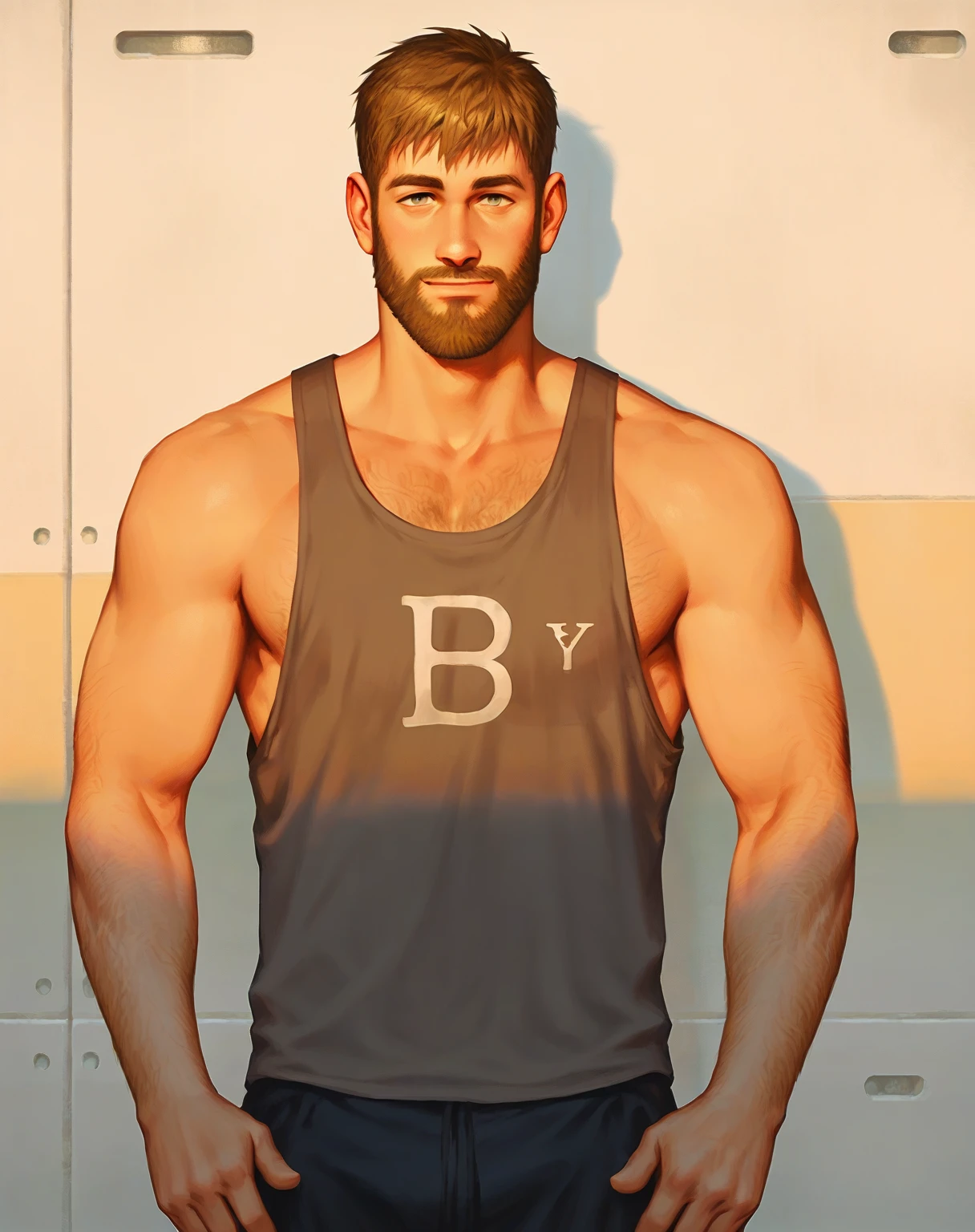 score_9, score_8, 1boy, eddie, beard, tank top, looking at you, soft smile, front view, closeup, portait, daylight, shorts, legs, upper body, standing<lora:EMS-449567-EMS:0.750000>