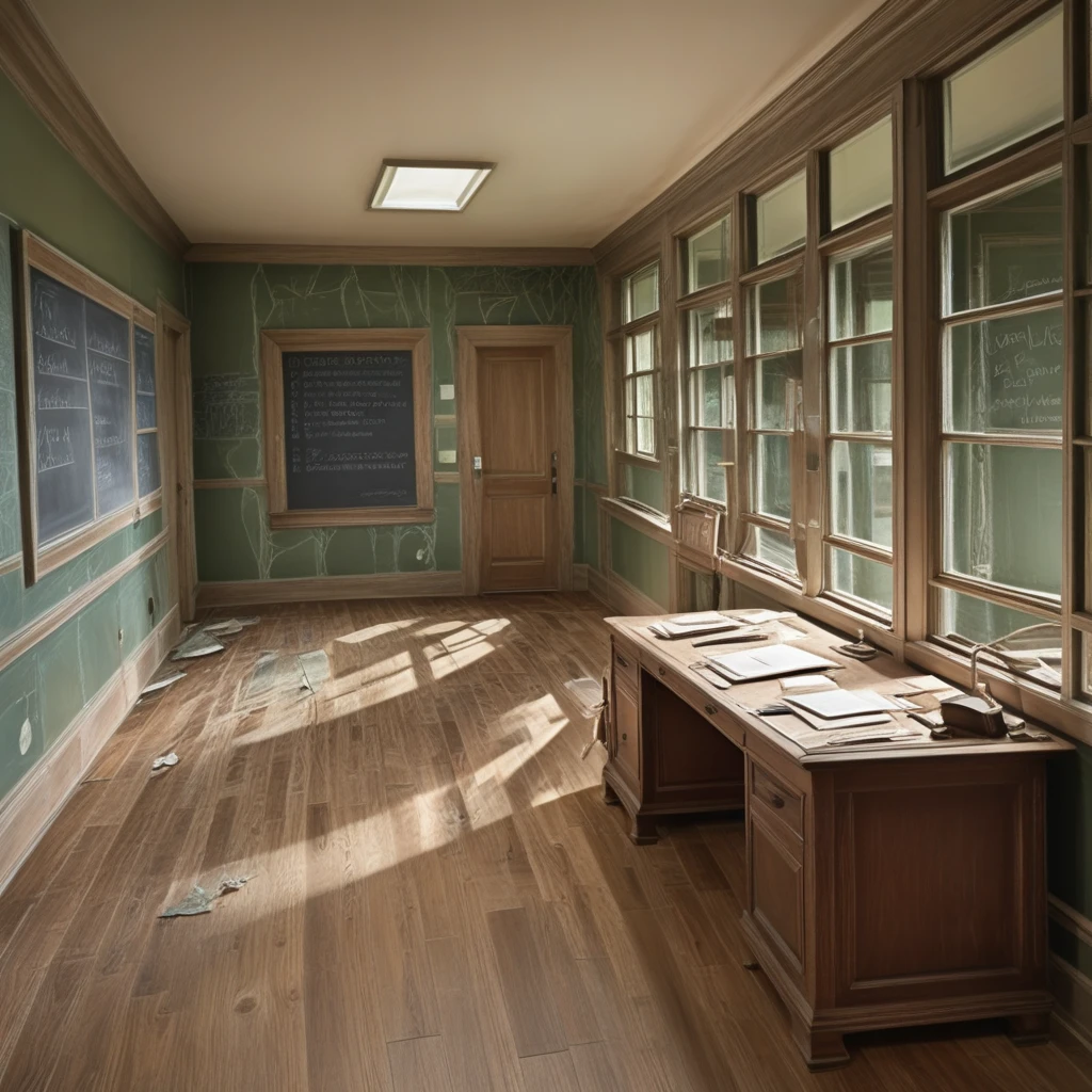 broken glass, desk, house, railing, outdoors, day, chalkboard, light, hallway, door, old, abandoned, office, vase, horror (theme), vanishing point, wooden floor