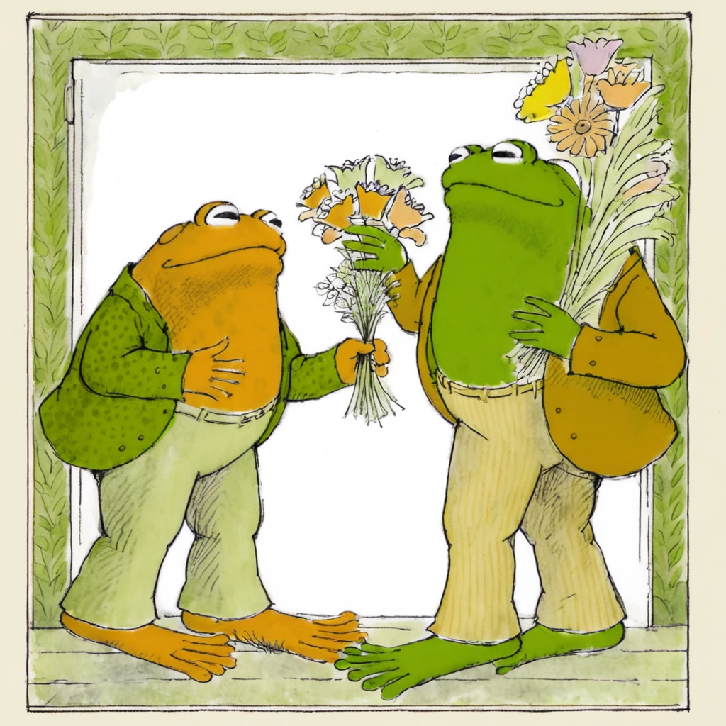 ALobelStyle illustration, frog handing a bouquet of flowers to toad, indoors