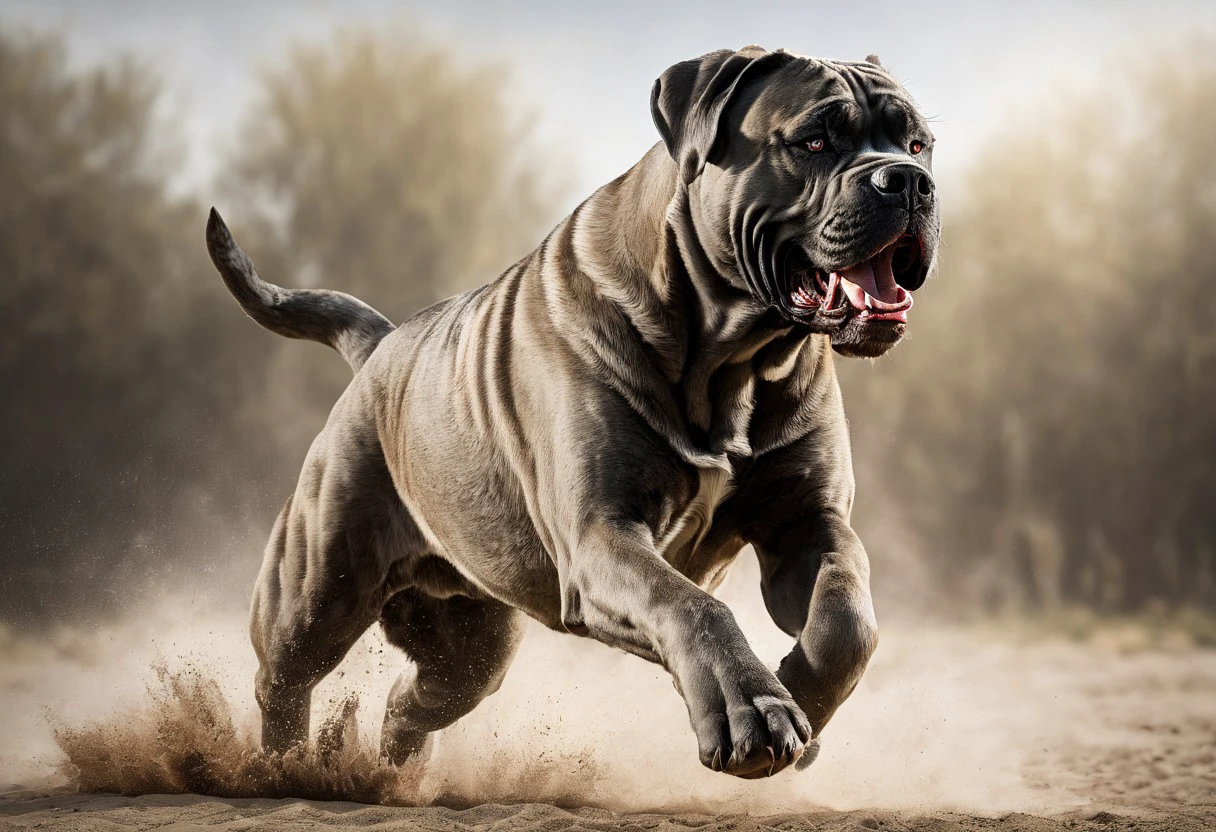 super realistic image ultra quality and super high resolution and sharp focus, photorealistic style of Cane Corso dog dynamic pose, attacking and aggressive pose, growling,