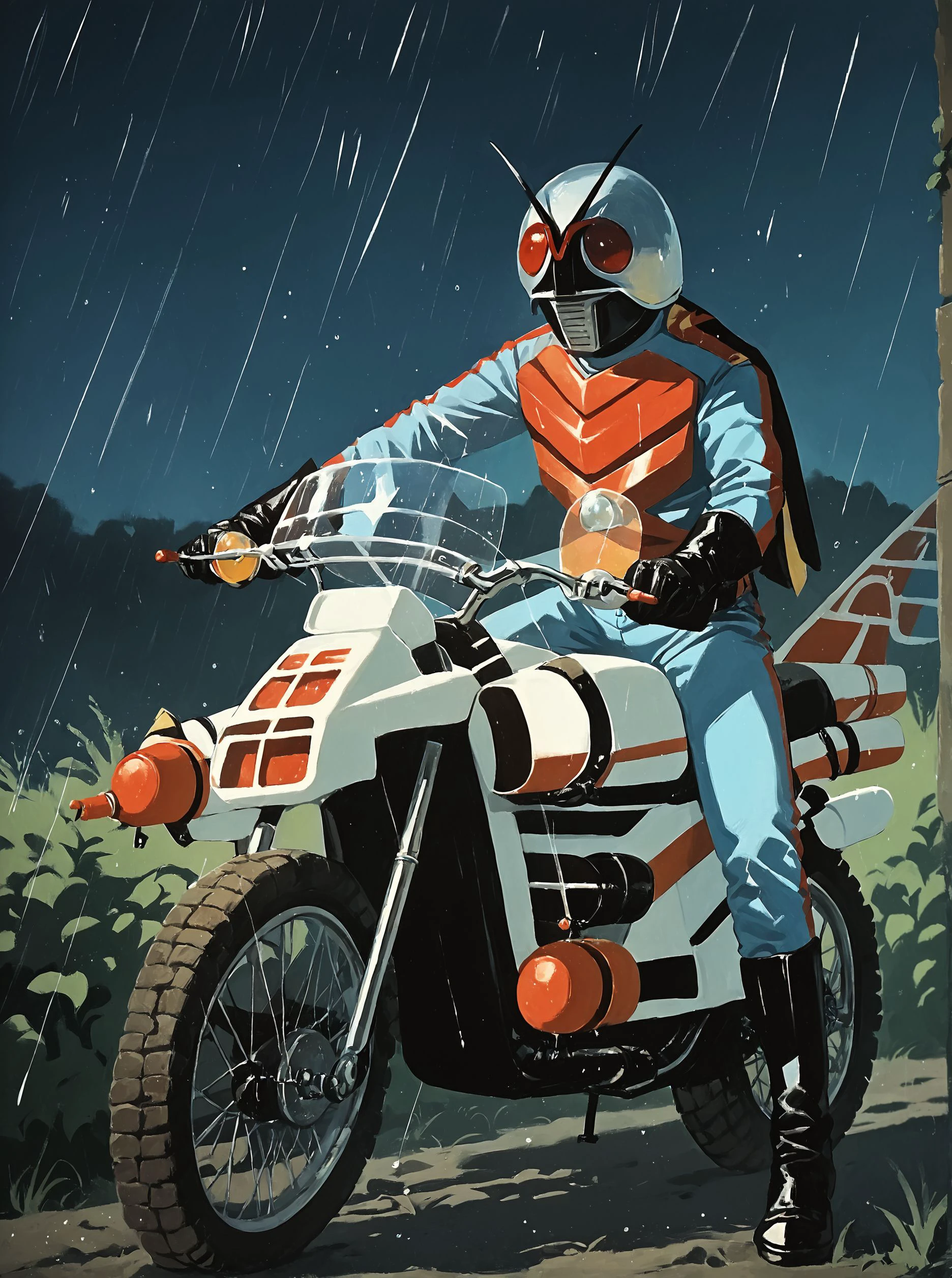 score_9, score_8_up, score_7_up, masterpiece, source_realistic, kamen rider, motorcycle, motor vehicle, ground vehicle, 1boy, male focus, solo, antennae, helmet,,  outdoor, <lora:sn0wStyle:1> <lora:HKHorrorXL:1>,   <lora:Kamen_rider_X_1974:1>  raining, night