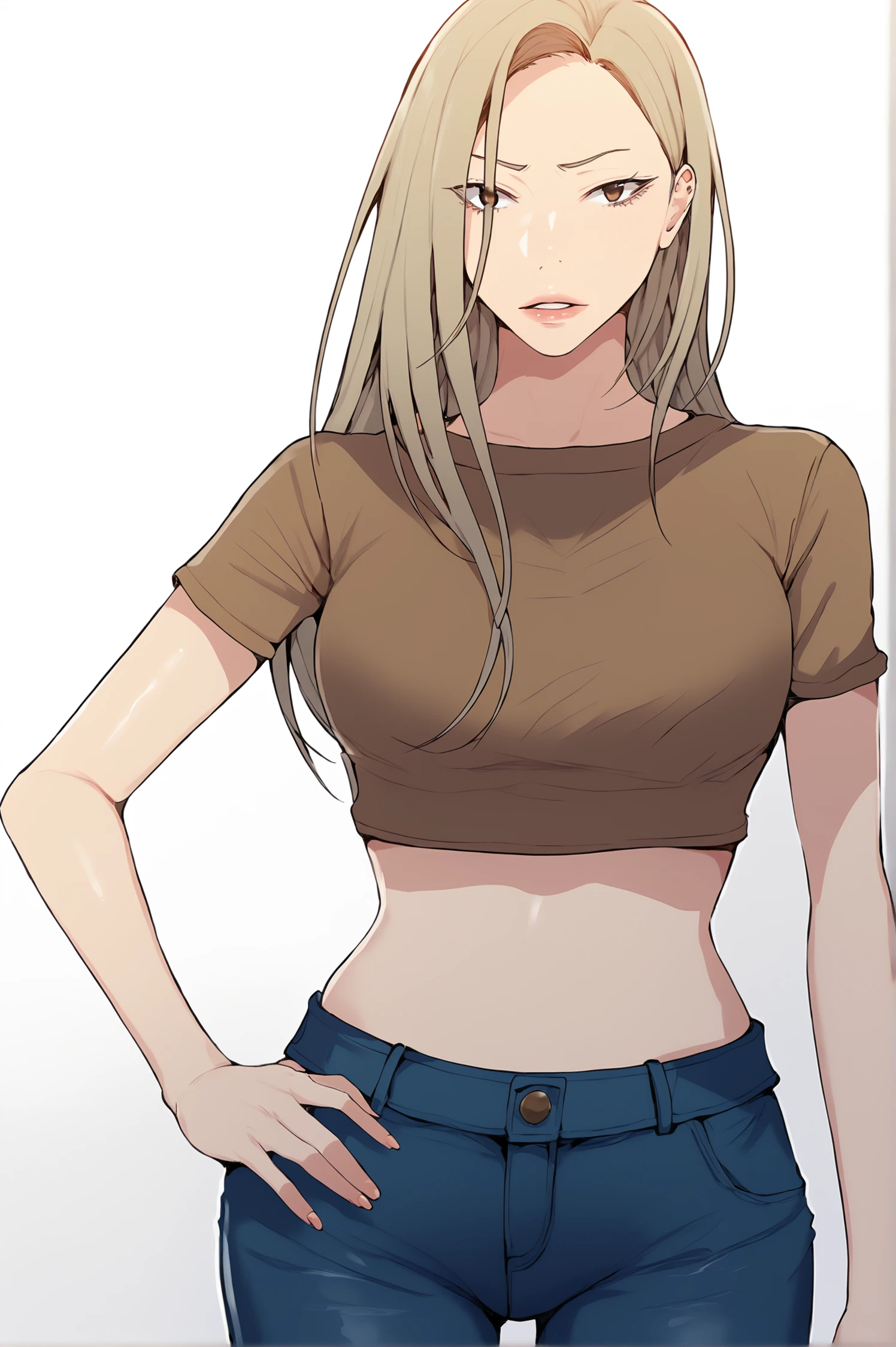 <lora:XL_MiaCha_SC:1> miachadef, blonde hair, brown eyes, long hair, looking at viewer, white background, simple background, 
1girl, solo, shirt, standing, short sleeves, midriff, pants, crop top,denim, facing viewer, jeans, blue pants, brown shirt, cropped shirt, hand on own hip, parted lips, score_9,score_8_up,score_7_up, detailed face, source_anime