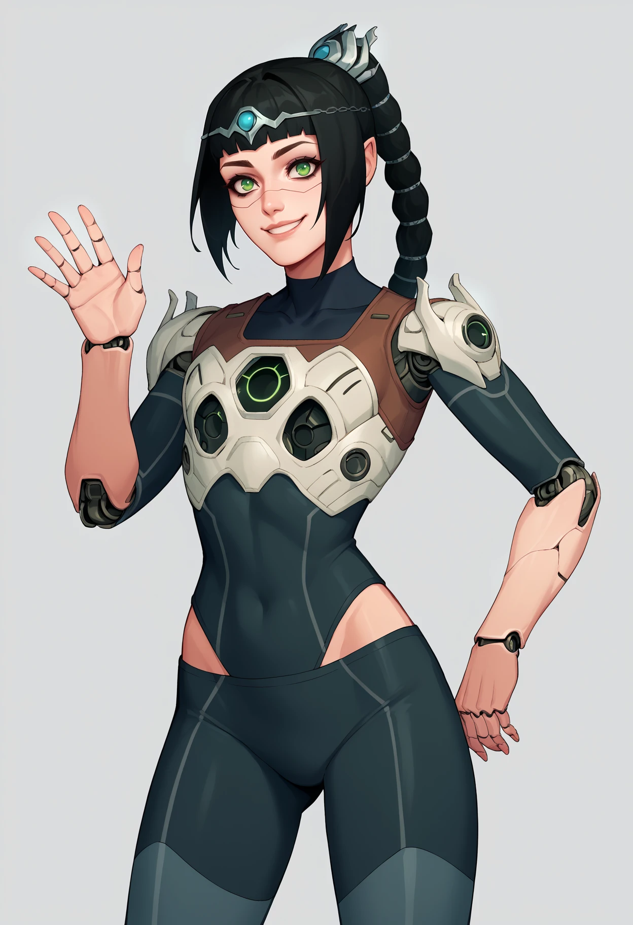 score_9, score_8_up, score_7_up, score_6_up, score_5_up, score_4_up, BREAK,
robotskin, cyborg, robot skin, 
1girl, shadowheart, black hair, braided ponytail, tiara, green eyes, armor, leggings,
waving, smile, looking at viewer, simple background,  <lora:ShadowHeartXL:1> <lora:RobotSkinXL:1>