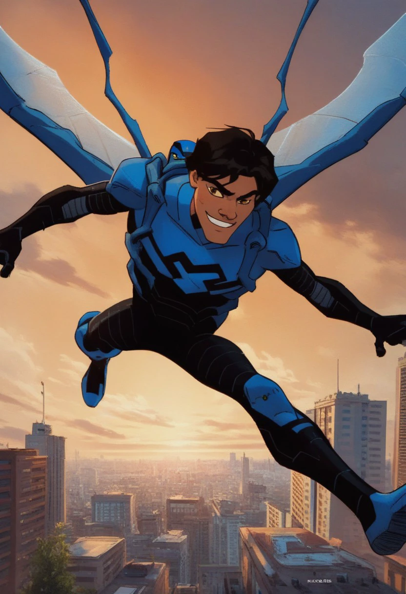 1boy, animated male character, score_9, score_8_up, score_7_up, black and blue body suit, hispanic male, latino, mexican, black hair, short hair, brown eyes, scarab suit, flying, smile, smirk, Blue Beetle, jaimereyes, Jaime Reyes, superhero, flying over city, flying in sky, city skyline, daylight, sunny day,