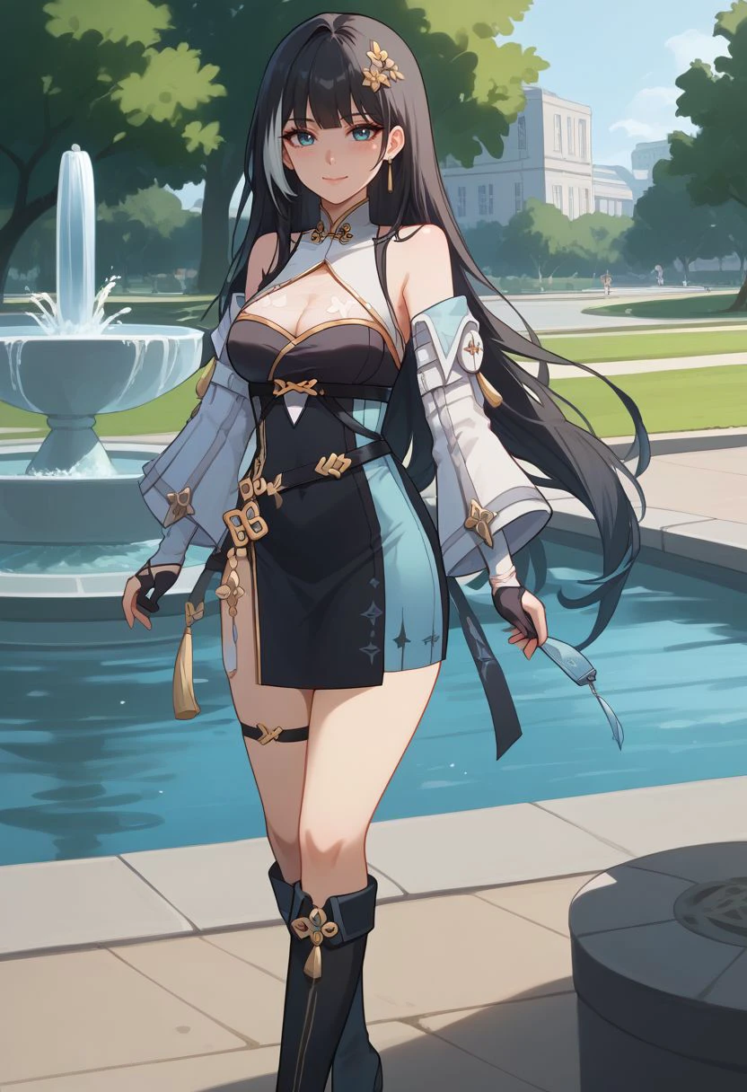 score_9, score_8_up, score_7_up, source_anime, 1girl, baizhidef, blue eyes, black hair, long hair, streaked hair, hair ornament, earrings, jewelry, bare shoulders, detached sleeves, long sleeves, black dress, cleavage cutout, white jacket, off shoulder, chinese clothes, black gloves, fingerless gloves, thigh strap, boots, black footwear, standing, closed mouth, smile, blush, looking at viewer, outdoors, park, fountain, sun, facing viewer, <lora:Baizhi_v1-000010:1>