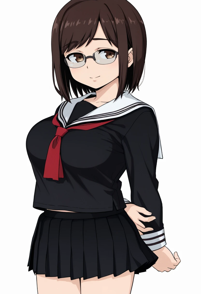 1girl, solo, <lora:Hokuro - Tawawa on Monday-000004:1>, H0kur0Chn, breasts, brown eyes, brown hair, swept bangs, short hair, glasses, semi-rimless eyewear, over-rim eyewear, large breasts, black serafuku, school uniform, white sailor collar, red neckerchief, black skirt, pleated skirt, cowboy shot, looking at viewer, arms behind back, smile, standing, white background, simple background,