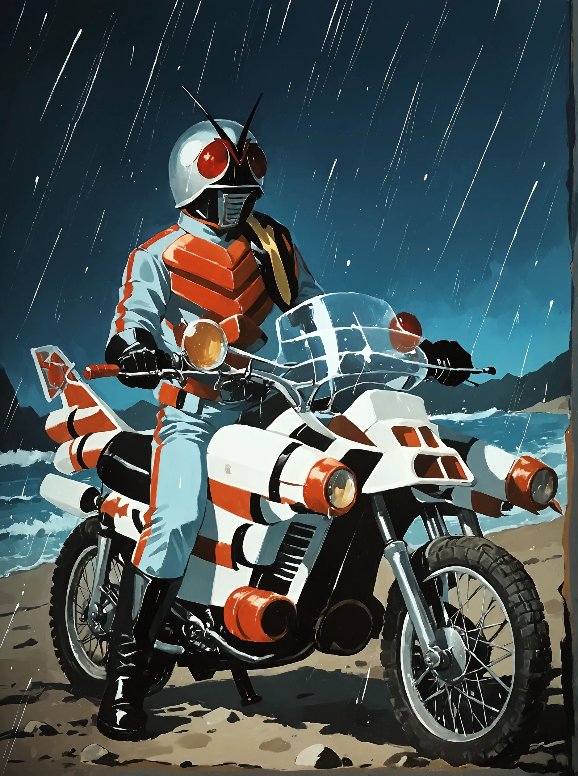 score_9, score_8_up, score_7_up, masterpiece, source_realistic, kamen rider, motorcycle, motor vehicle, ground vehicle, 1boy, male focus, solo, antennae, helmet,,  outdoor, <lora:sn0wStyle:1> <lora:HKHorrorXL:1>,   <lora:Kamen_rider_X_1974:1>  raining, night, beach, eye glows,